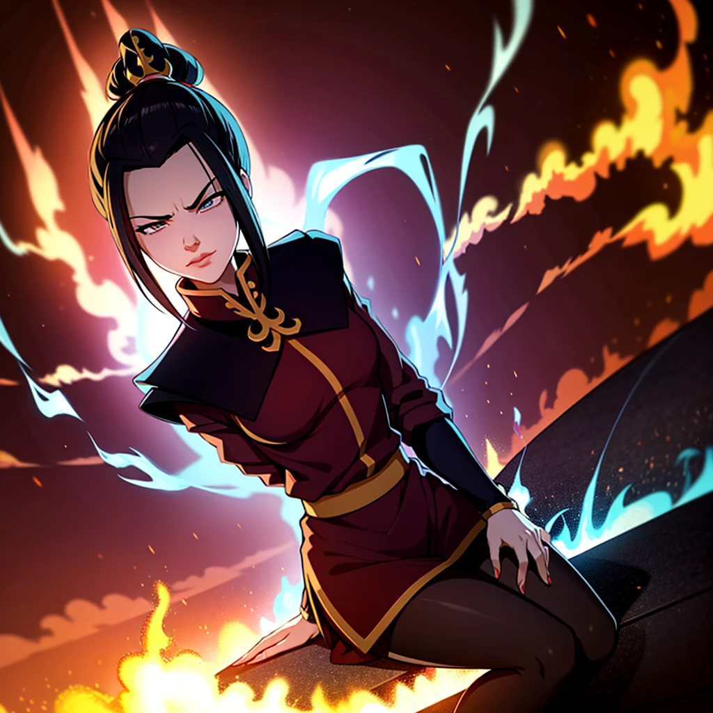 masterpiece, best quality, 1girl, azula, sexy dress, tight, pantyhose, high heels, slight smirk, azula (avatar the last airbender), solo, black hair, fire, dark, long hair, topknot, serious, closed eyes, meditating, sitting, avatar meditation,, princess azula, eyes open, pure white eyes, Swirling flames and electricity. Red and blue flames