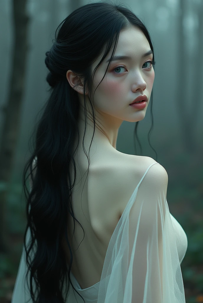 While taking off her kimono, hiding her nipples with both hands、A captivating high-quality photograph featuring a young Japanese woman in a seductive white kimono. Her dark hair flows down her back, and her mysterious gaze draws the viewer in. The enigmatic figure stands amidst a foggy forest at night, exuding an aura of allure and unease. The ethereal background reveals a dark and mystical woodland, with swirling fog enveloping the trees and casting an eerie yet spellbinding atmosphere. This striking image masterfully blends fashion and dark fantasy elements, showcasing the mesmerizing beauty of the woman and the enchanting setting., photo, fashion, dark fantasy