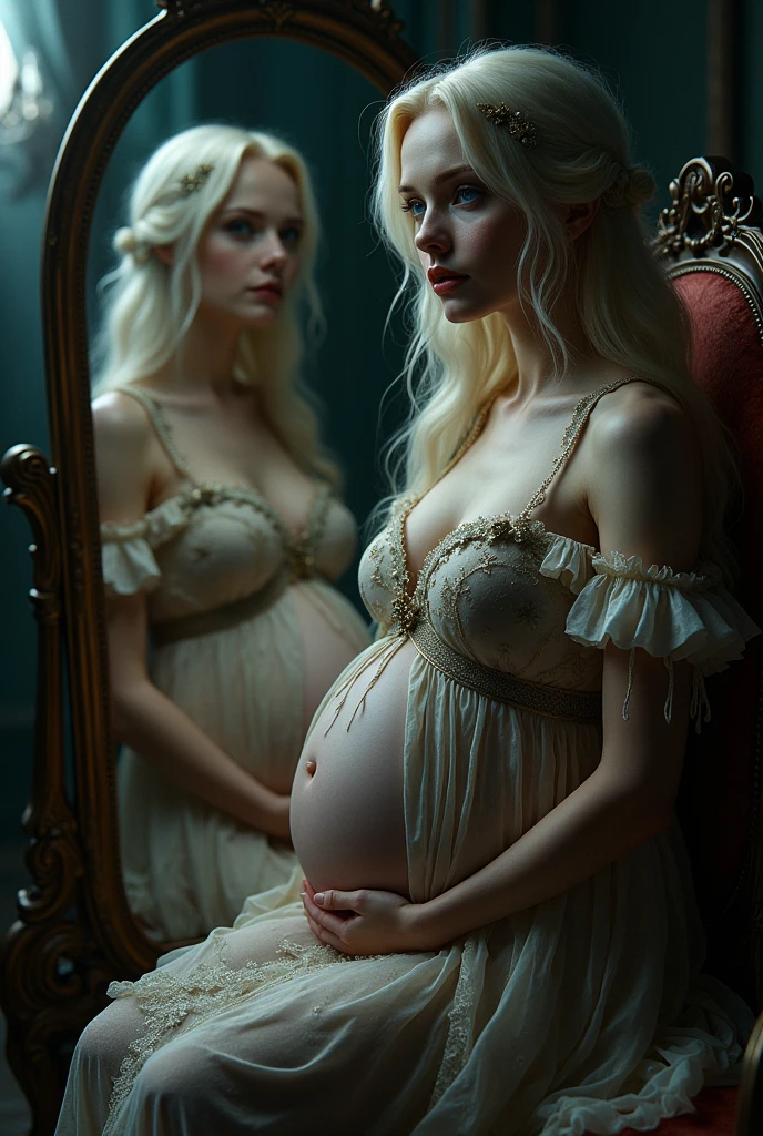 A blonde woman with large breasts and wide hips being possessed by a male ghost.