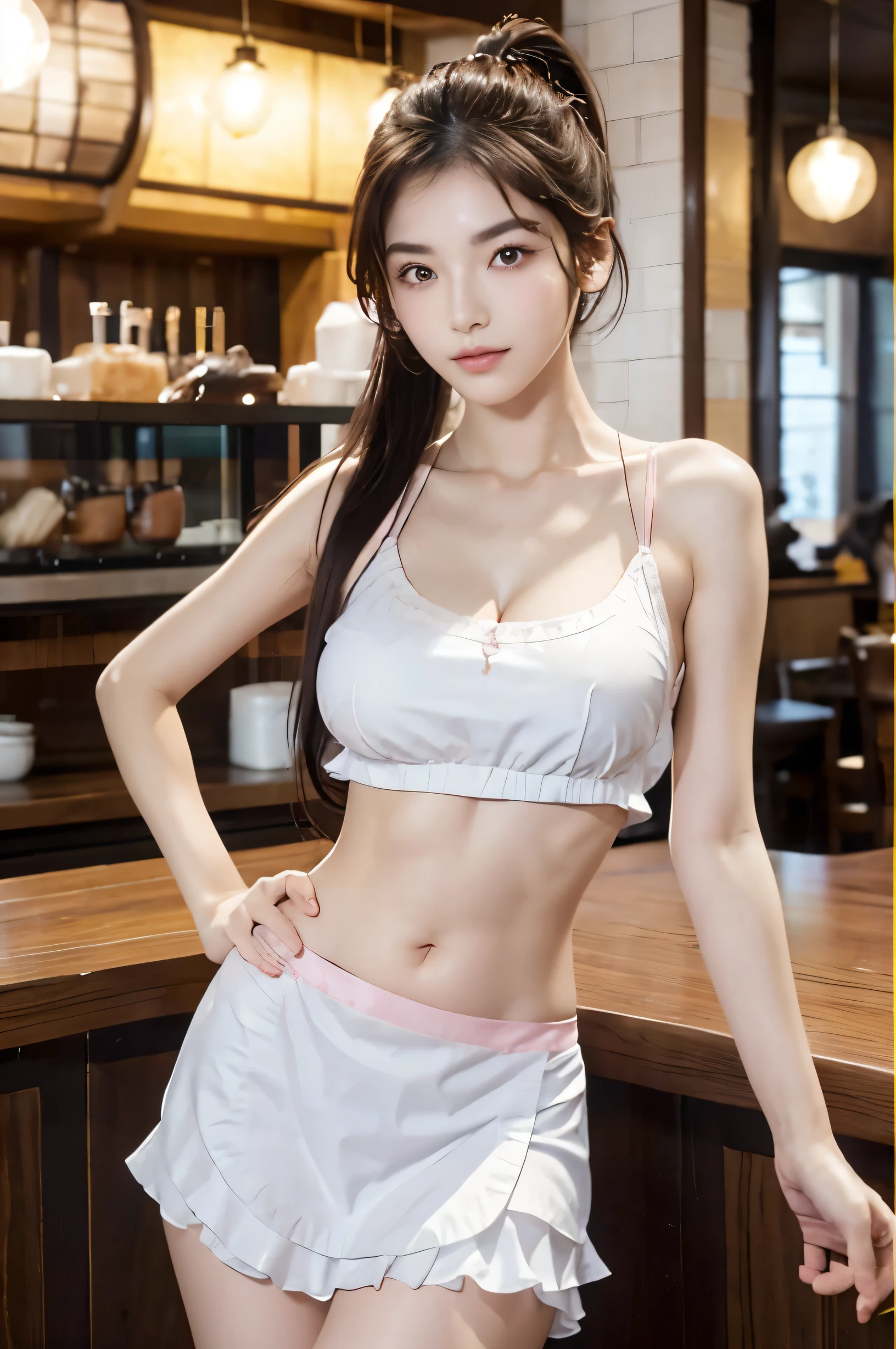 (Ultra HD), (Looking at me), (The whole body is shown), (Pink waitress, Apron with white frills), Big Breasts, Super beautiful breasts, Beautiful nipples, (Slimness:1.8), Narrow waist, (Thin legs:1.2), (Thin thighs:1.2), (Thin Hips:1.4), (Beautiful Skin, Shiny skin, White skin), (Super slim face, Super beautiful face, No makeup, Smile:0.6), (ponytail, Layered Cut, Fluffy hair), (double eyelid, Slanted Eyes), Small Nose, Thin lips, Are standing, Coffee shop