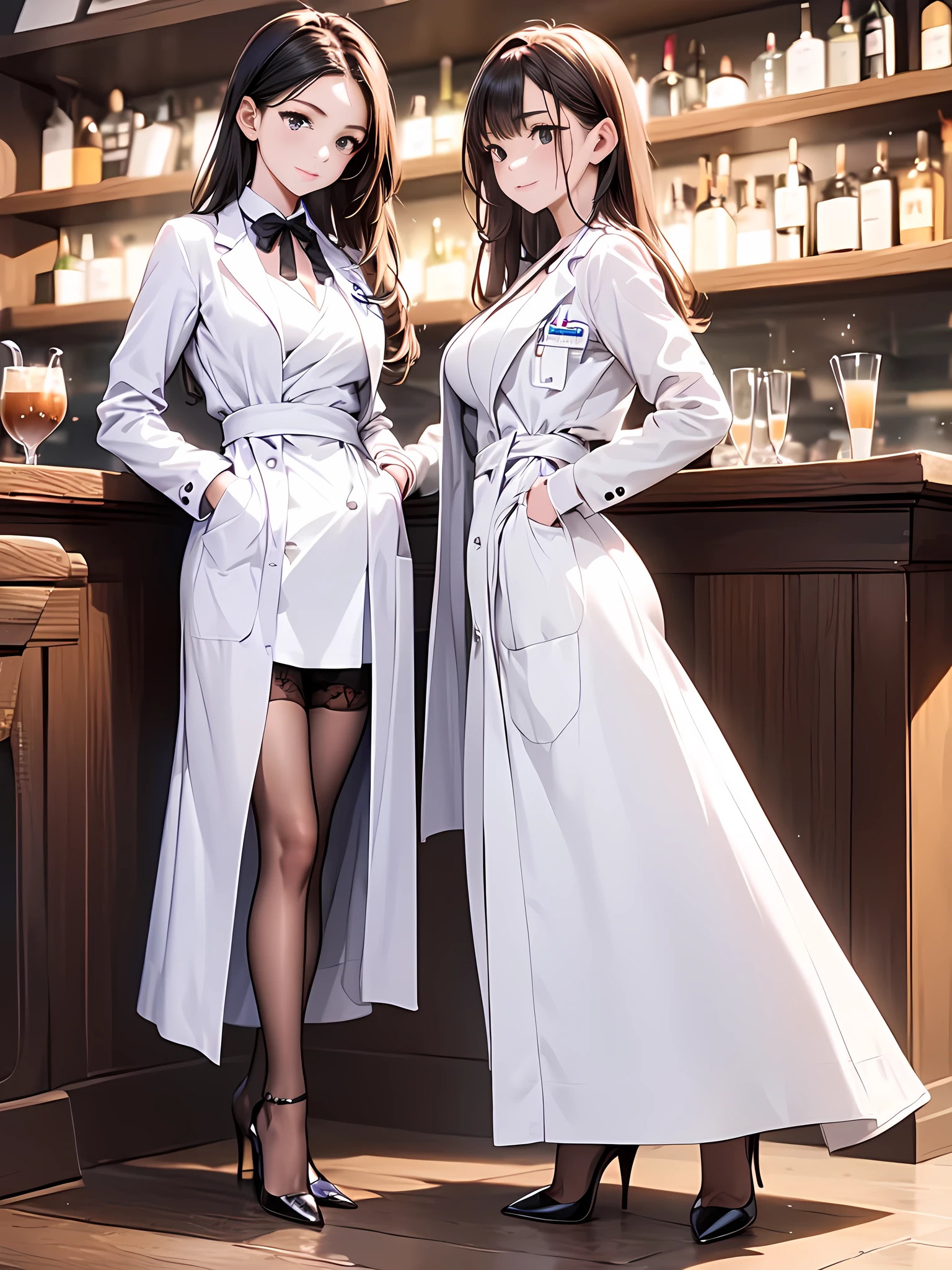 Dos mujeres vestidas con batas blancas y pantalones negros posando para una foto, p, Disfraz (doctor), con una bata de laboratorio, con bata de laboratorio y una blusa, nigth, Noche de Halloween, Horror corporal, sexy imagen, alta calidad,4k,100 por ciento anime