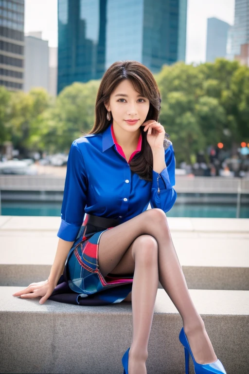 (Colorful collared shirts)、(Midi Skirt:1.2) 、Full Body Portrait、(silk pantyhose)、Sitting、Both legs and high heels look beautiful.、1 girl、Perfect body,Two well-balanced legs、 Perfect hands, (Perfect Face, Perfect Eyes), Accurate,(Perfect Anatomy, Anatomically correct), Perfectly clear and sharp focus、Large Breasts、Modern architecture in the background、((Highest quality、Ultra-high resolution、masterpiece)) 
