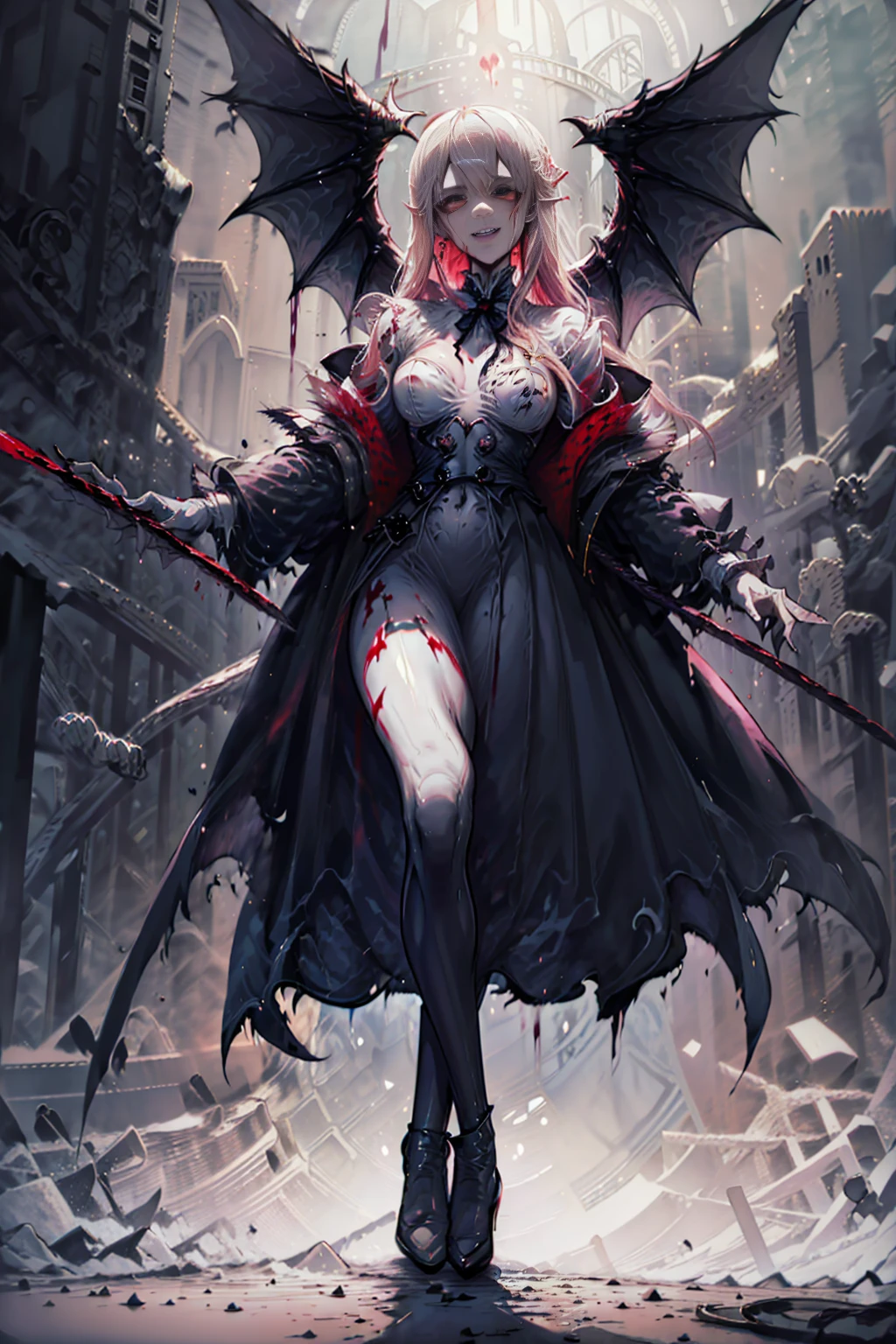 shaded face　、beautiful girl、とてもcute天使、Pink T-shirt、cute、、smile、Long skirt、Black long boots、.(Highest quality,4K,High resolution,Masterpiece 1.2),Very detailed,Realistic 1.37,Spooky altar background,Dark fantasy,Red color scheme,Ominous atmosphere,Eye-catching,Storytelling,anatomy,Anime Style,Concept Art,beautiful細部までこだわった顔と (((Red eyes ))),A terrifying ritual ,Satanic Ritual,Premature death,inappropriate behavior,クレイジーなsmile,Scythe Face,Girl Monster, beautiful, Delicate facial features, Sharp Eye, Sharp Fangs, pale skin, Dark Background, Cinema Lighting, Dramatic Shadows, Gothic style, Gloomy atmosphere, Dark fantasy, one person&#39;s, Please open your mouth wide, Open your mouth and baring your teeth,Sharp teeth like a beast, Wide lips, very wide mouth, Vermilion cheeks, ,(Blood splatter1.3),Scary smile, smile,Angel Design, Twisted smile、Bloody、bleeding from the head,,,,,、Blood splatter、,(Blood splatter1.3),skull,Horror Style, ((Fantasy Sweet Ta Frill Pink Costume)), ((Flowing blonde hair)), ,(Blood splatter1.3),Female curves, Sexy flat stomach, Perfect hands, Perfect anime face, (Pink Tata Dress)), Are standing, ((邪悪なsmile)), ,(Blood splatter1.3), Steam circulates, Moonlight Illumination, night lighting, (Blood splatter1.3),アニメAngel Design, Twisted smile、Bloody、bleeding from the head,,,,,、Blood splatter、,(Blood splatter1.3), skull,Gothic architecture、Western architecture、Fantasy World、,Victorian cities, Skeleton Gas Light,Absurd, High resolution、 ((Tabletop)), ((Highest quality)), (Very detailedな), ((Very detailed)), (beautiful), ((cute)), (nfsw1.8), alone,(1.6)、(world&#39;The most terrifying and creepy demon girl 1.5)beautiful face、Whole Body Ezbian、pale, beautiful肌、beautiful金の髪、優しくsmileむ、Dark building ruins、(snow white&#39;Frill dress 1.3)、(The dark ruins are stained with blood 1.3)、Low angle full body shot、(少女は血の海の中にAre standing1.2)、(The ground is .3)、(The girl lost a lot of blood....1.3)、(クレイジーなsmile1.6)、Spirits、(Blood dripping from the mouth 1.3)、
