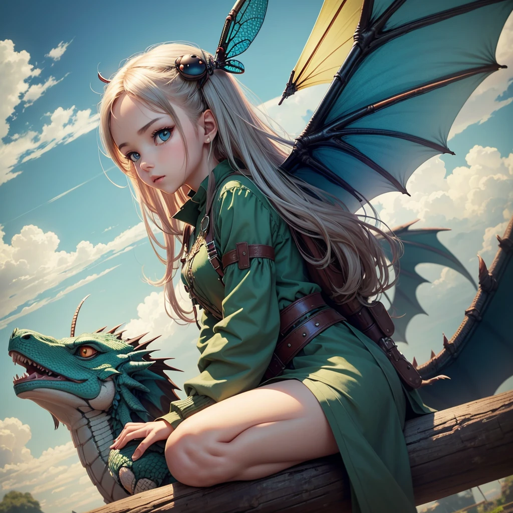 Cute little girl waving at a dragon flying in the sky --auto --s2