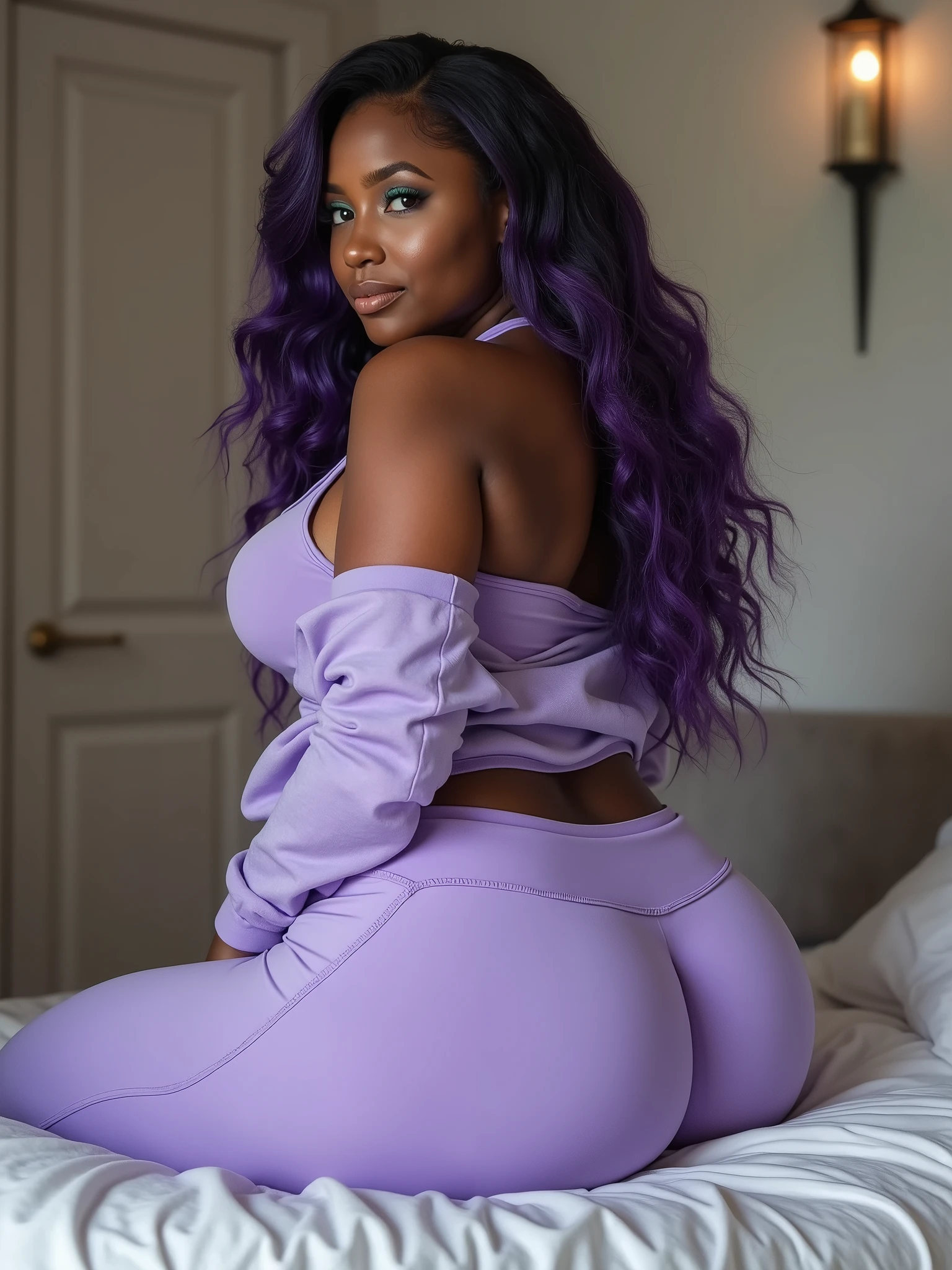8K Ultra HD, masutepiece, Best quality, beautiful Girl, wolf cut hairstyles, Impressive hairstyle, Royal hair accessories, hot indian wife, face perfect, Jewelry earrings, The attention to detail, Beautiful eyes, meticulous makeup, Thin eyebrows, fake red lips, white wall in background, Black tights, , Purple ponytail,with long bangs, Realistic colors, Magic effects, , head straight-looking at viewer, standing on your feet, Full body capture,nakeness,long leges,Big breasts Thin waist,Bigchest,Bare genitalia,Bare breasts,Erotic exposure bikini,