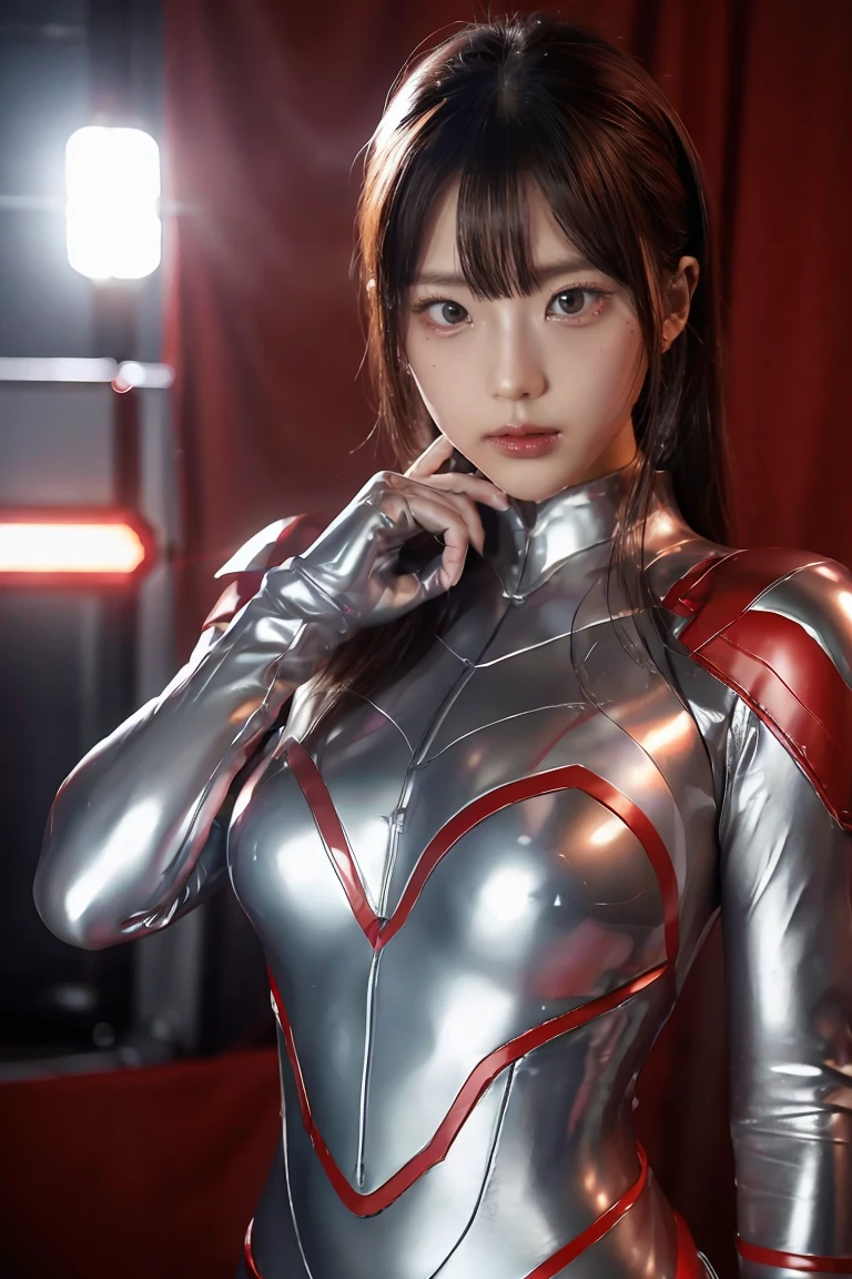 Ultraman、realistic、realistic、cinematic lighting, Girl in a shiny red and silver suit、、professional photos、Don&#39;Do not expose your skin, japanese model, japanese cgi、Ultraman Suit、, Power Rangers Suit、tight and thin cyber suit,Whole body rubbery、There&#39;s pink There、 delicate body, big breasts、small ass、thin thighs、thin arms、thin waist、camel toe、Both sides of the cyber suit stick to the skin、Big eyes、black short hair、facing the front、facing the front立っている、A glowing sphere is embedded in the chest.、Essay Examination、 blue sky background