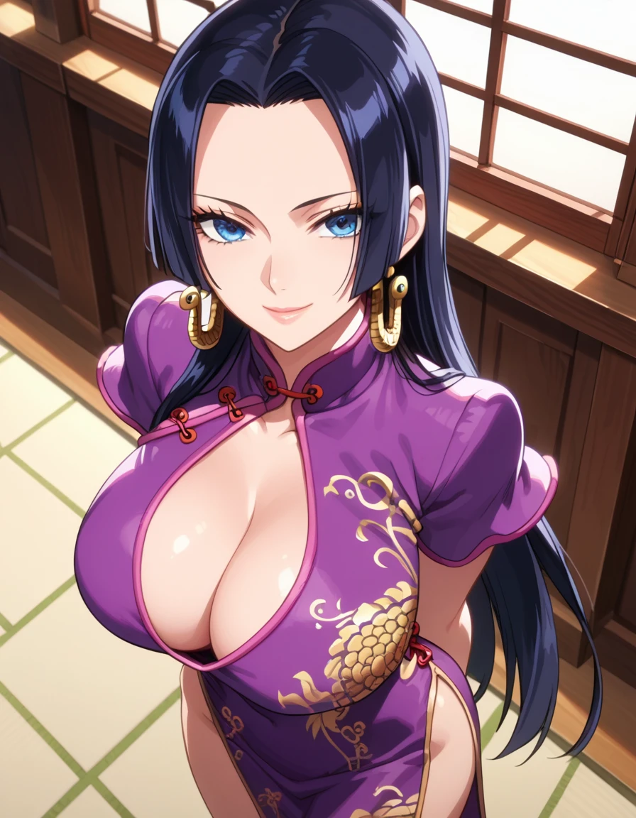 score_8_up, score_7_up, source_anime, best quality, clear face, Boa Hancock, black hair, blue eyes, long hair, forehead, large breasts, cleavage, standing, looking at viewer, china dress, purple clothes, indoor, from above, smile, anime screencap, arms behind back, 