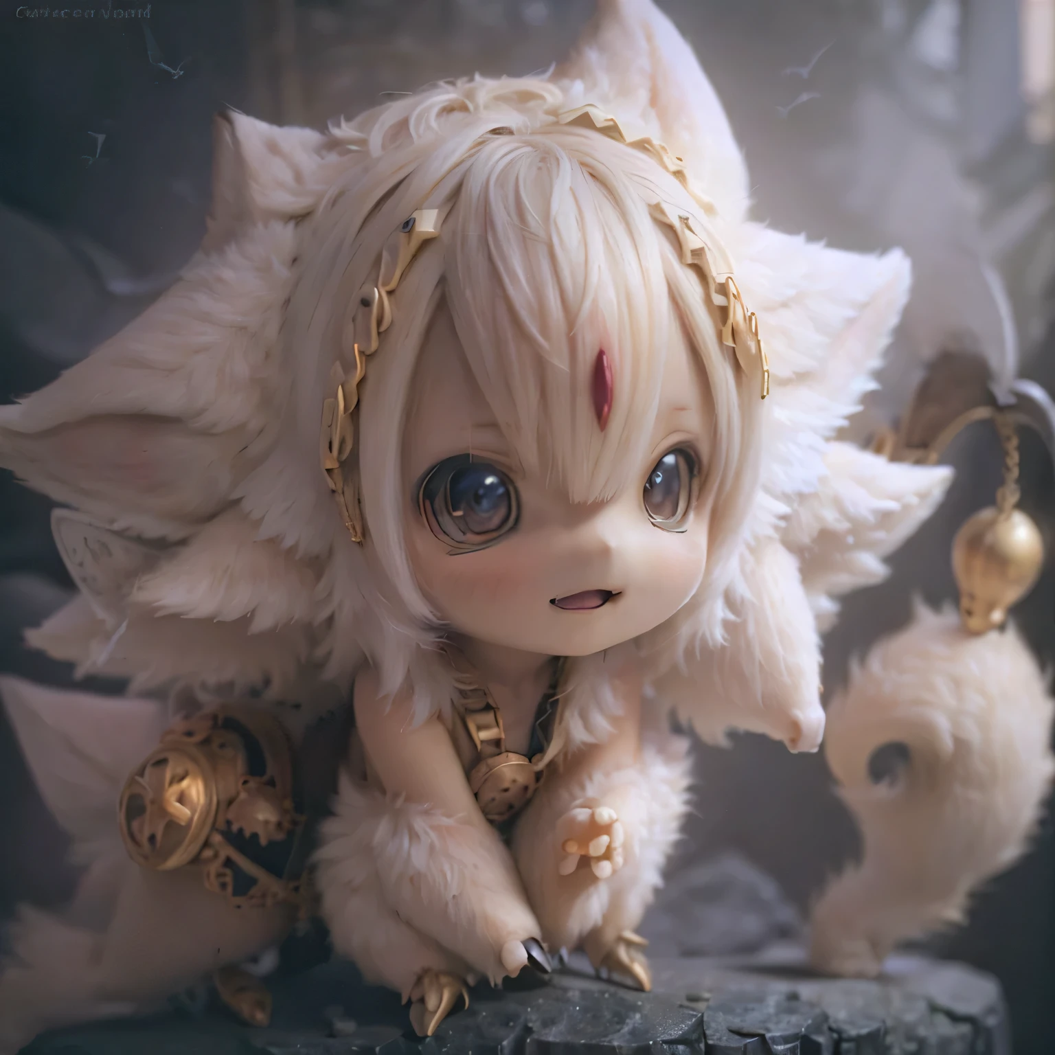 a cute smiling faputa from made in abyss, beautiful detailed eyes and lips, chibi style, in a beautiful garden, high quality, extremely detailed and photorealistic, illustration and photorealistic rendering, vivid colors, warm and bright lighting, cute full body pose, white hair, black skin, angry expression