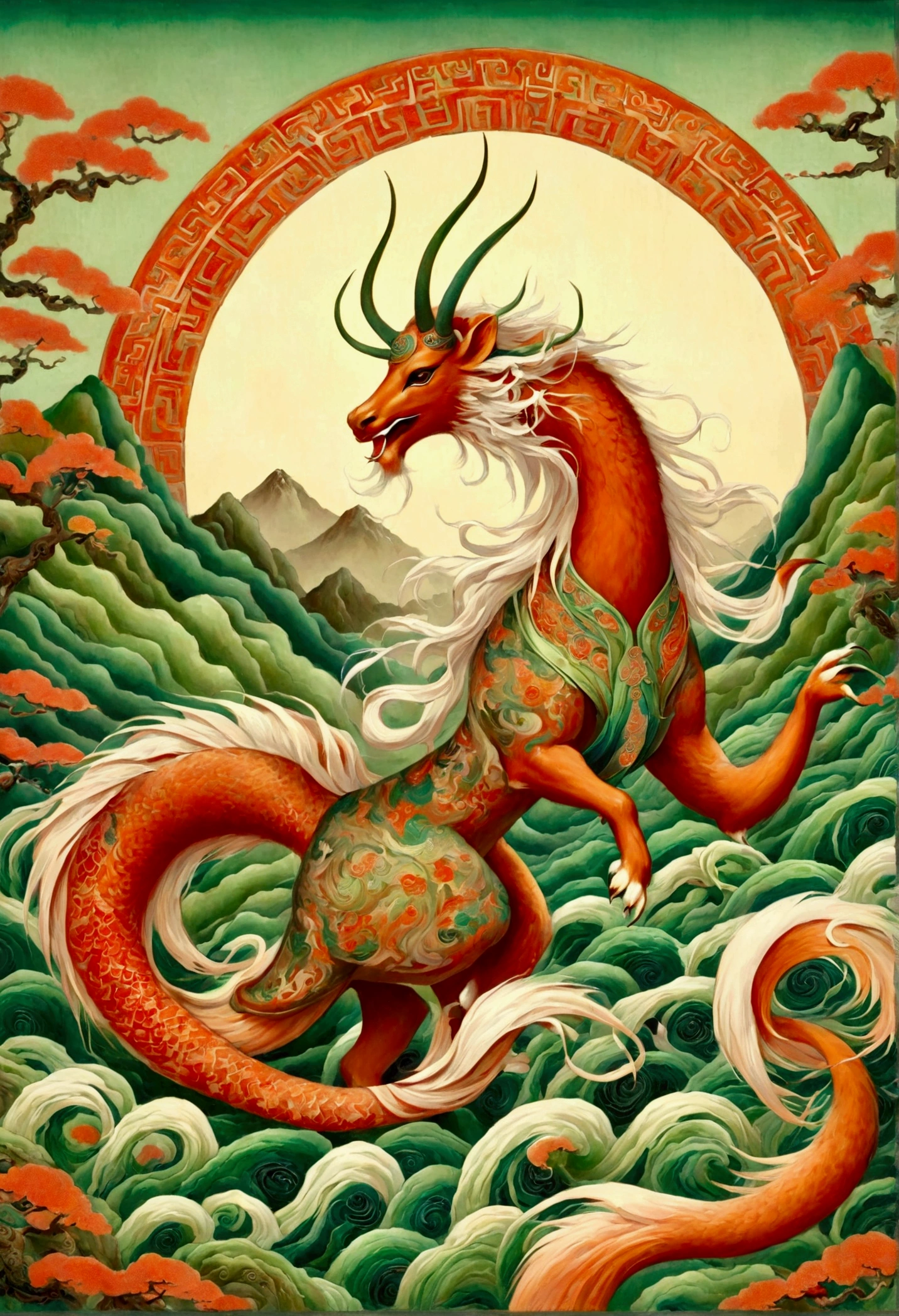 Majestic mythical creatures，There are multiple flowing tails and long, Slender horns. Its body is decorated with intricate, Red and orange pattern. Stylized mountains in the background，Cool green，Cream sky. This artwork uses exquisite, The ethereal aesthetic typical of traditional East Asian art.