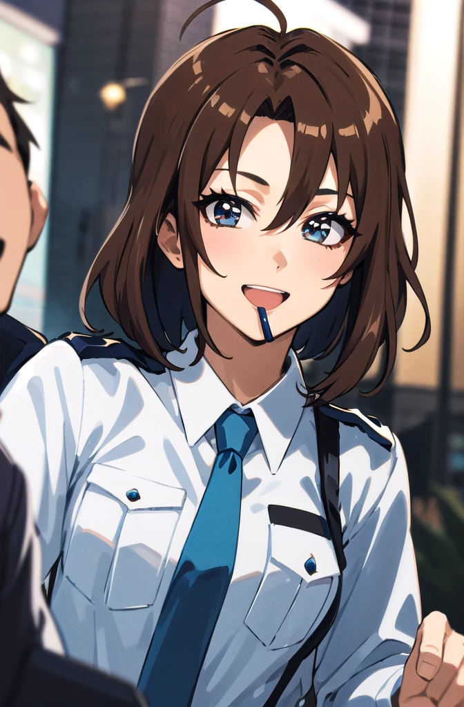 (masterpiece,Highest quality, detailed), One girl, alone, Outdoor, evening, Upper Body, smile, Mouth closed,
tsujimoto natsumi, Police uniform, Blue tie, White shirt, smile, Open your mouth, Upper Body, Long sleeve,  