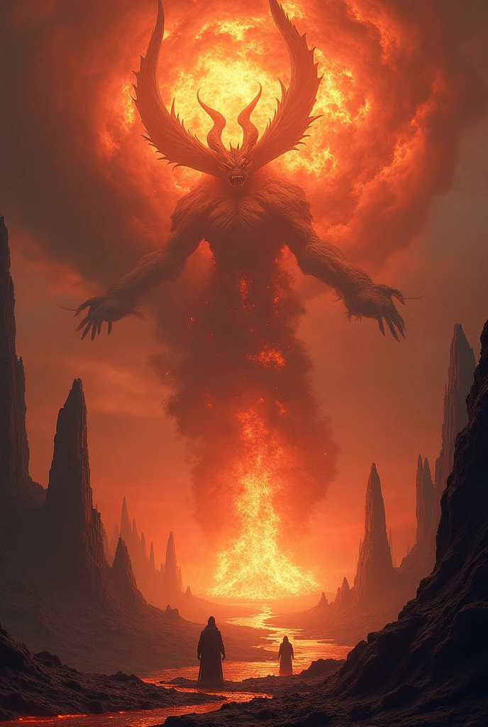 A white-haired (solo) man flying over an orda of demons in hell, black suit with golden neon details, menacing look, highly expressive and detailed face, walking posture, place filled with flames and incandescent lava on the ground, high-resolution cinematic image, 8k, art by Greg Rutkowski and Todd MacFarlane.
