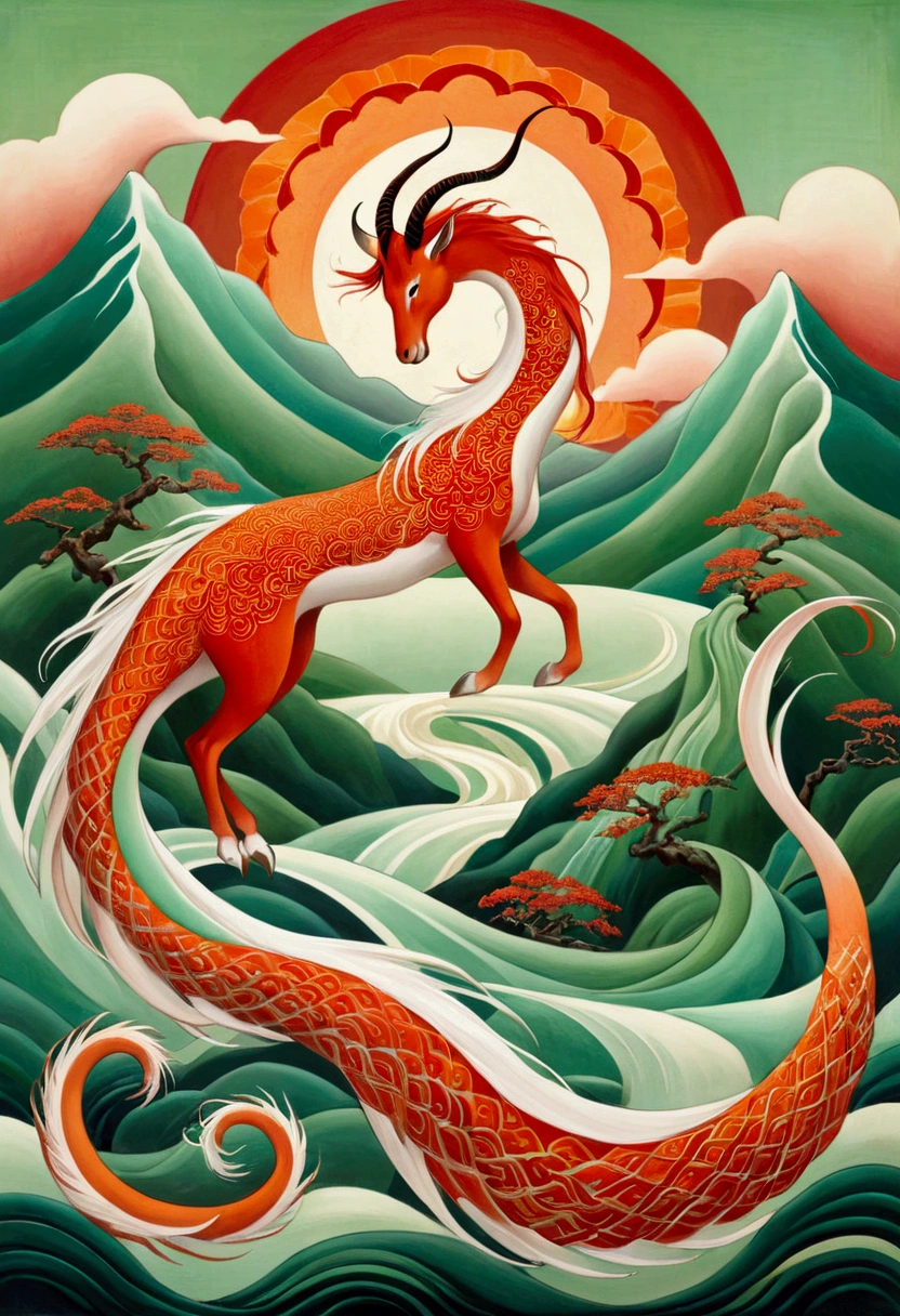 Majestic mythical creatures，There are multiple flowing tails and long, Slender horns. Its body is decorated with intricate, Red and orange pattern. Stylized mountains in the background，Cool green，Cream sky. This artwork uses exquisite, The ethereal aesthetic typical of traditional East Asian art.