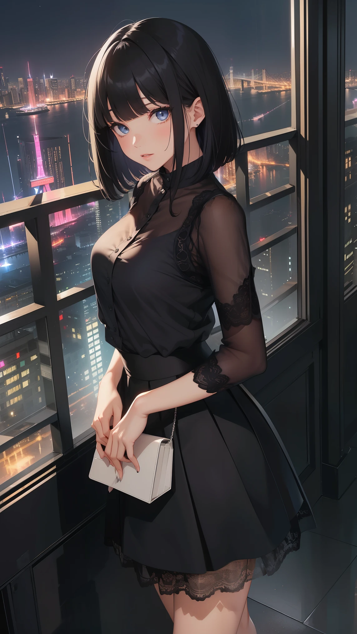1 Girl, Open your mouth, blush, cosmetic, A faint smile, Black Hair, Red Eyes, Top of crop, skirt, Light, glow, thigh, clavicle, Willow Waist, (masterpiece), wallpaper,