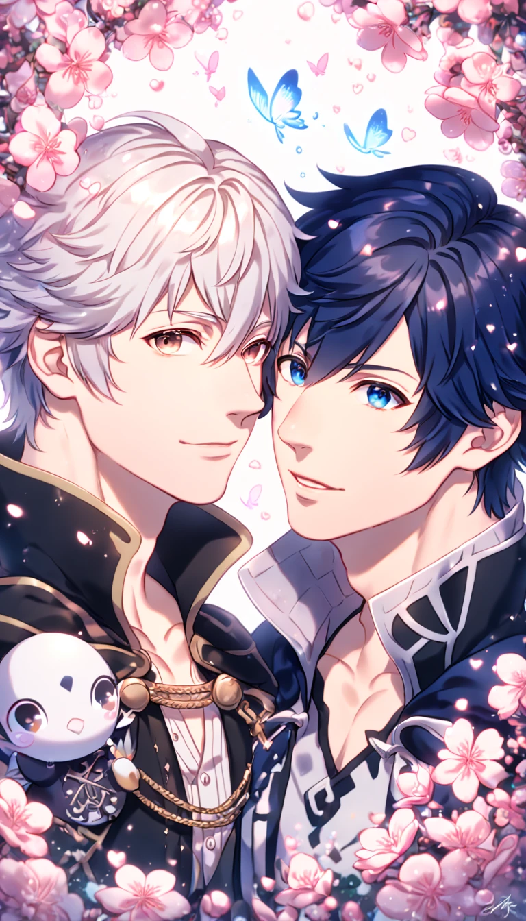 (absurdres, highres, ultra detailed, HDR) master piece, best quality, extremely detailed face, delicated features, Dabi, black hair, expressive turquoise eyes, Boku No Hero Academia, Gojou Satoru, white hair, expressive blue eyes, white eyelashes, two sexy men together, yaoi, gay couple, handsome, smile, black coat, blue coat with fur, magical fantasy, glittering, sparkling, blue roses, radiant, blue sparkling fireflies, blue fire, envy magical, fantasy, garden
