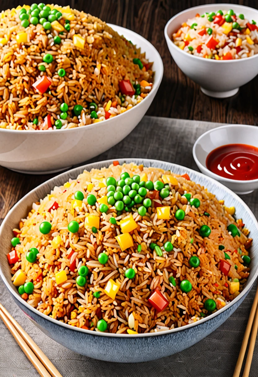 A huge bowl of fried rice the color of light ketchup、Surprised people looking at giant fried rice々、