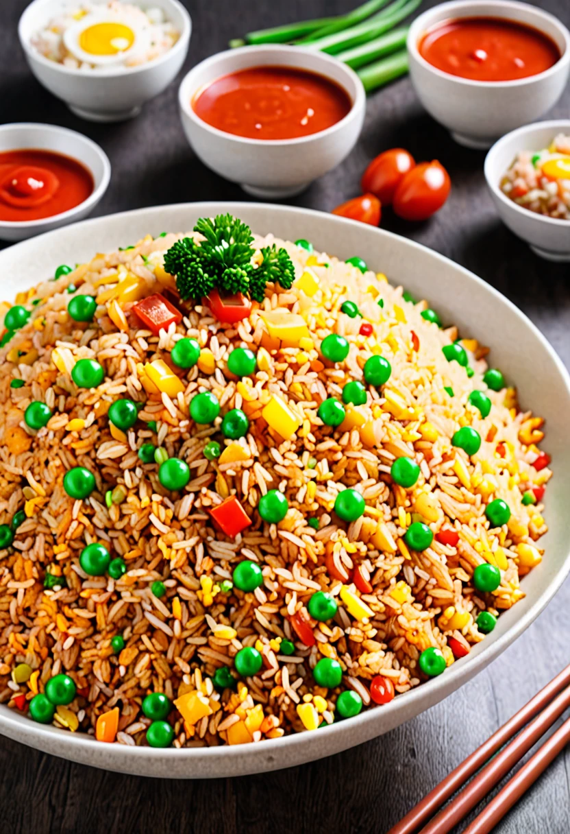 A huge bowl of fried rice the color of light ketchup、Surprised people looking at giant fried rice々、