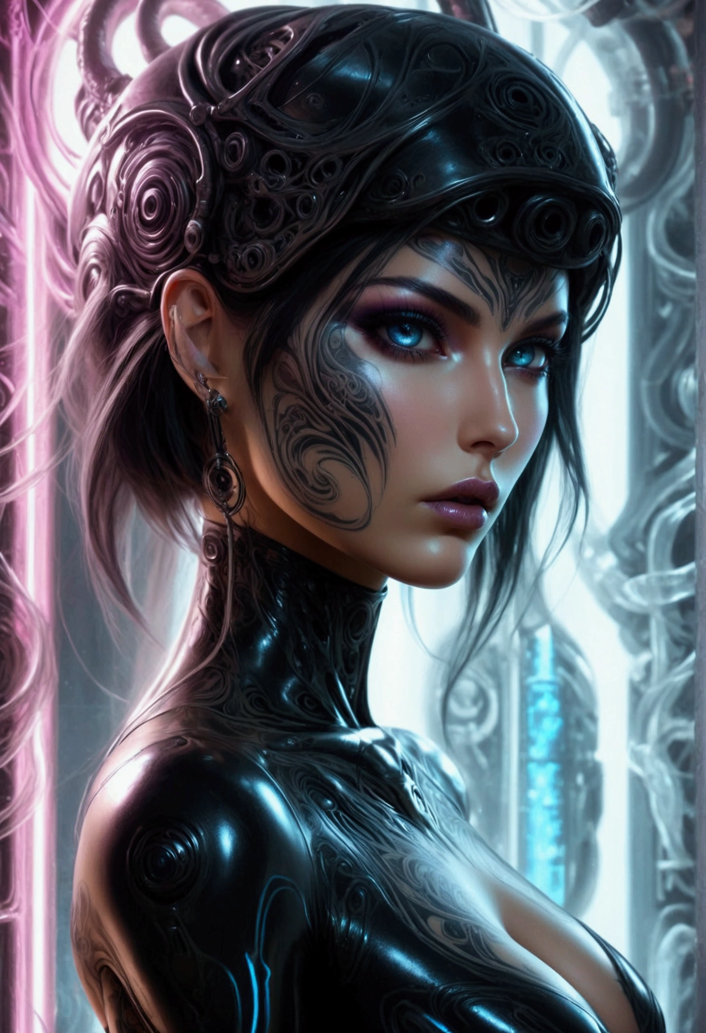 Hr giger tattooed sexy seductive dead girl, perfect face, hyper detailed neon black eyes, full body portrait,