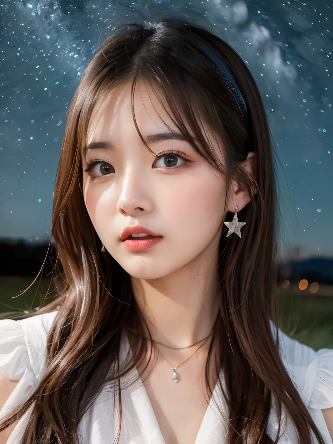 Starry sky, Milky Way, Highest quality, shape, Very detailed, In detail, High resolution, 8k wallpaper, Perfect dynamic composition, Beautiful details, Natural Lip, Cute one piece dress, Big Breasts, Cleavage, she、Making a wish upon a star Praying with random expressions and random cute poses..., A masterpiece of the whole body, Side Short