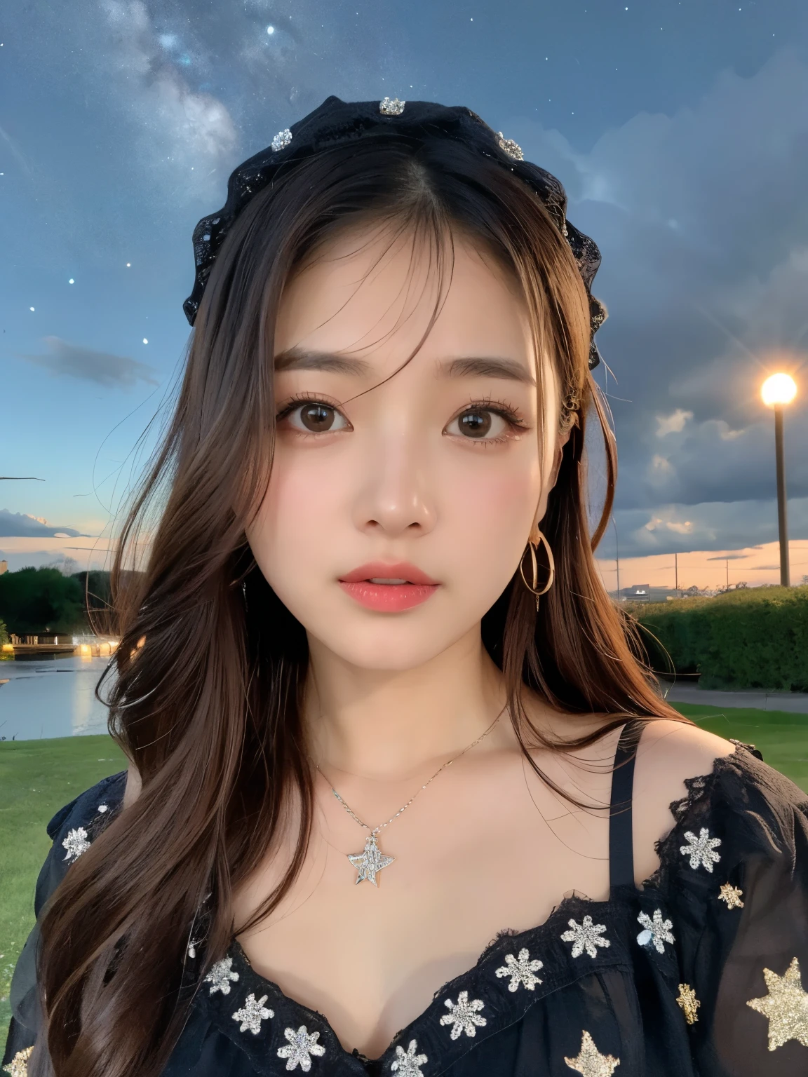 cherry_blossoms, falling_petals, petals, branch, pink_flower, 1girl,20-year-old, blue_sky, spring_\(season\), petals_on_liquid, flower, hanami, dress, (golden long curly hair: 1.5), wearing flower wreath, sky, outdoor, Clouds, bangs, smile, pink eyes, white dress with cherry blossoms, bare shoulders, earrings, best quality. Picture perfect. holding_flower, wind, tree, looking_at_viewer, cowboy shot, detail enhancement.