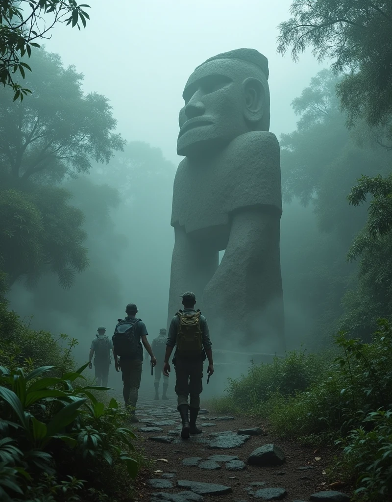 best quality, masterpiece, Ruins of a lost civilization in the jungle、ancient architecture、(The collapsed mysterious colossus)、in a thick fog、A group of several fully equipped explorers、I&#39;m walking down a pathless road