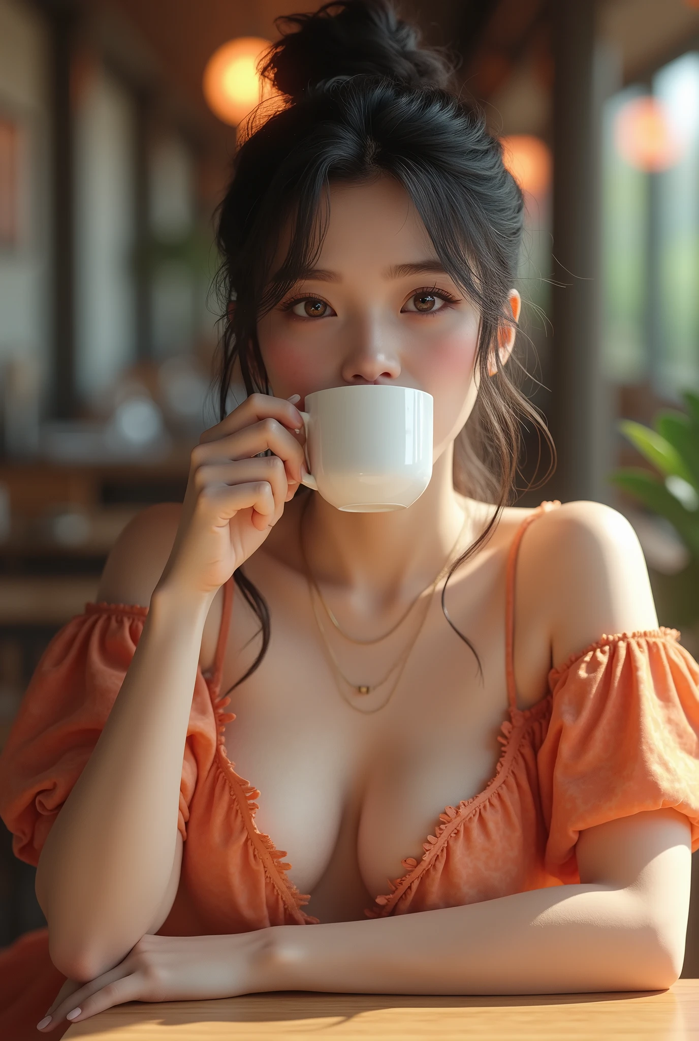 One girl, High resolution, high quality, Textured skin, Ultra high definition, Very detailed, 最high quality, 3D Rendering, realism, Surrealism, Heavy makeup、High nose、Beauty、Clear eyes and nose、Japanese、Age 25、Large Breasts、Full body description、Full body、Long-distance photo、Overall image、Beauty drinking coffee