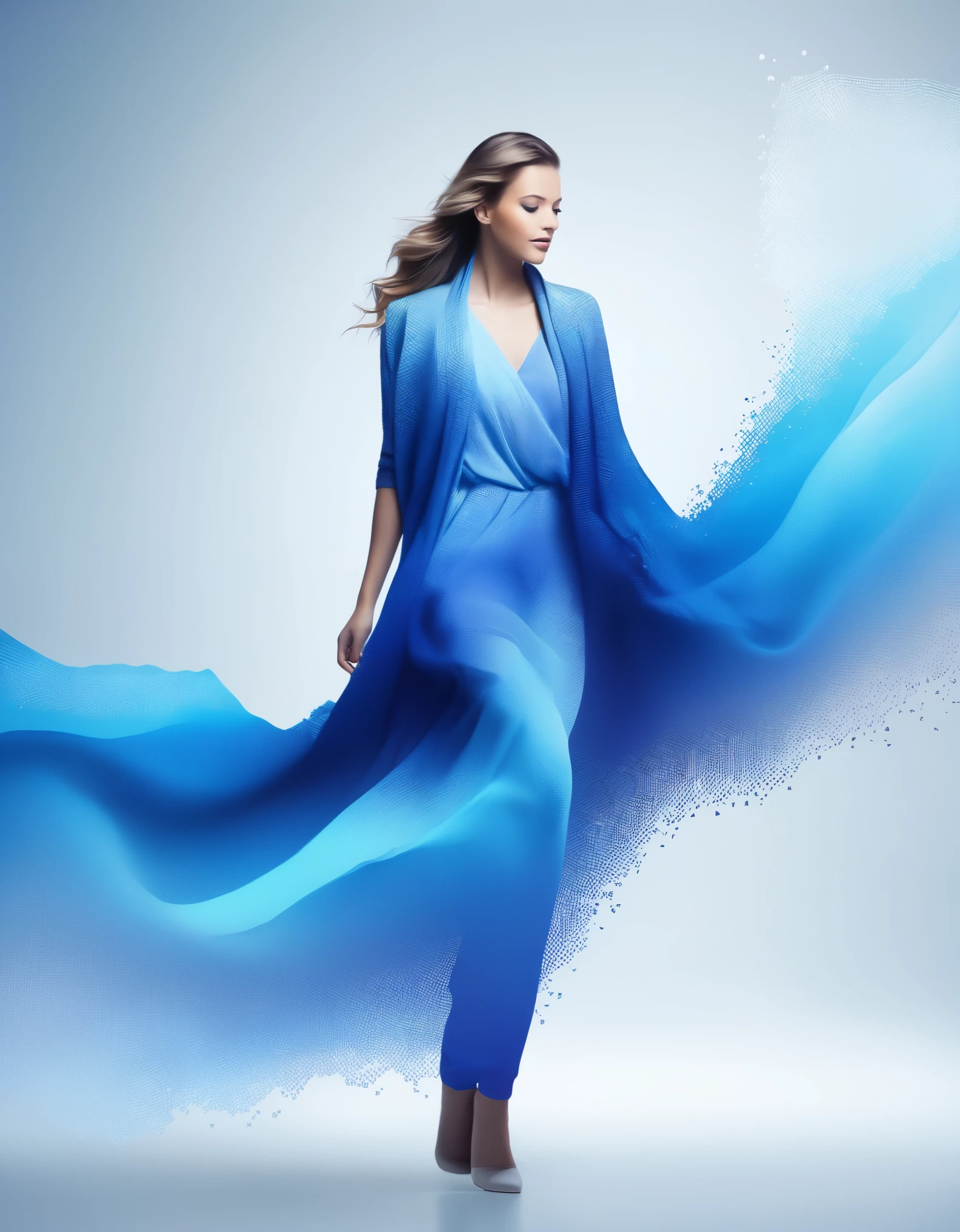 Beautiful woman in blue gradient dissolving pixel wall'of the head,3D Voxel Blocks,A structure that was initially intact but gradually disintegrated in the air,Sunlight shines through the hollowed-out,Background holographic universe