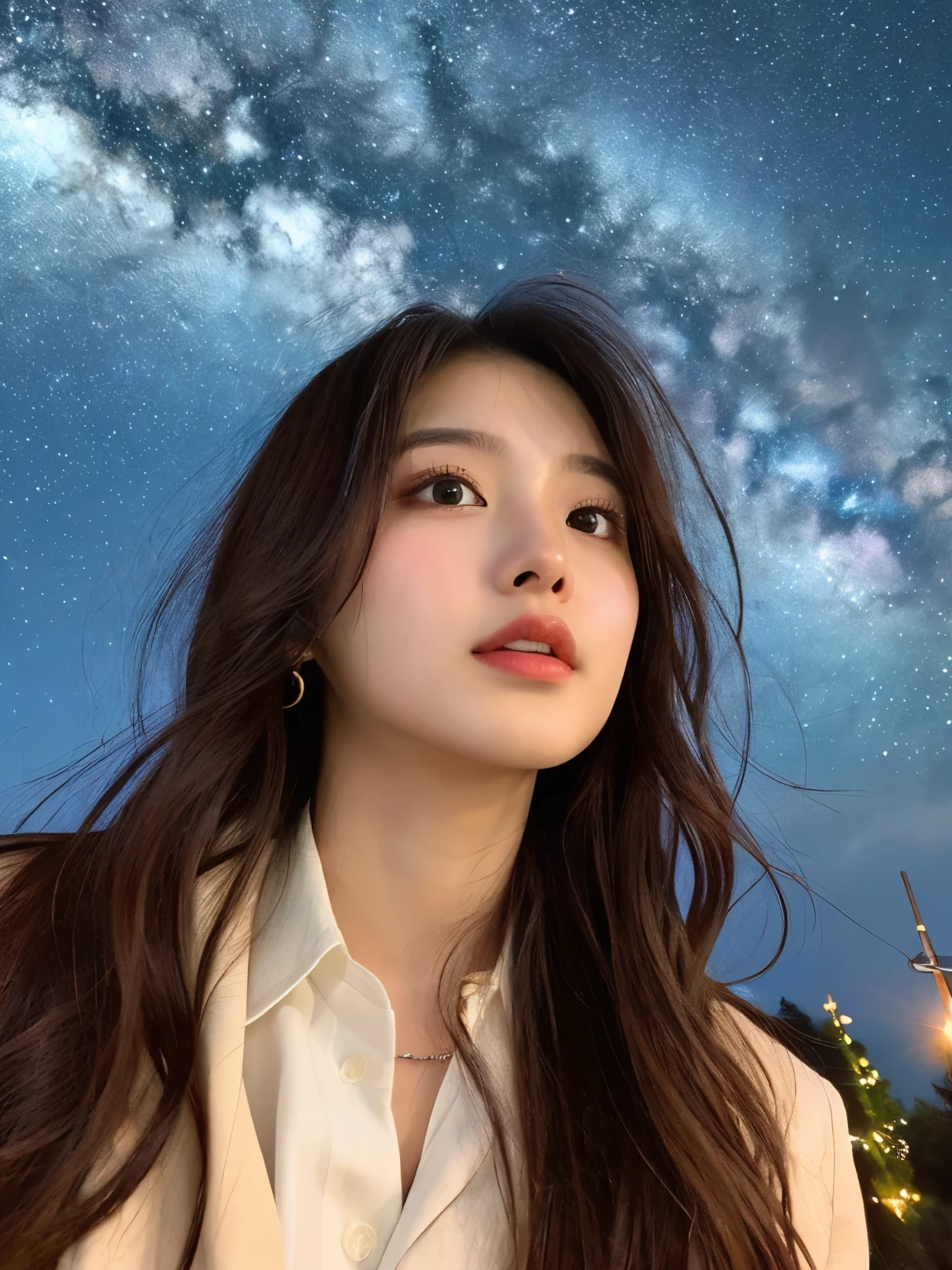 (((masterpiece))), (((Highest quality: 1.4))), ((Super detailed: 1.4)) ,starry skies、A captivating beautiful girl、Phenomenal good looks、Beautiful appearance、Popular Idols、starry sky focus、