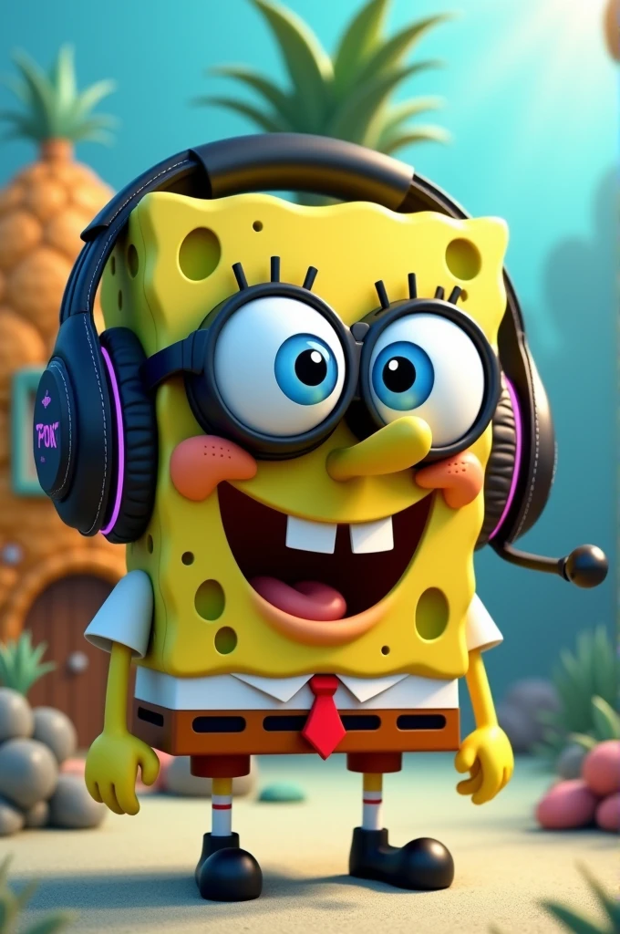 SpongeBob wearing gaming headphone 