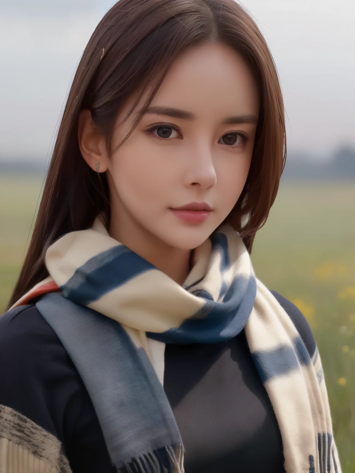 8K, best quality, masterpiece, realistic, ultra detail, photo realistic, Increase quality, a photo of a girl standing in a field with a scarf, in the style of dark and brooding designer, voluminous mass, photobash, serene faces, jagged edges, navy, natural beauty, 
