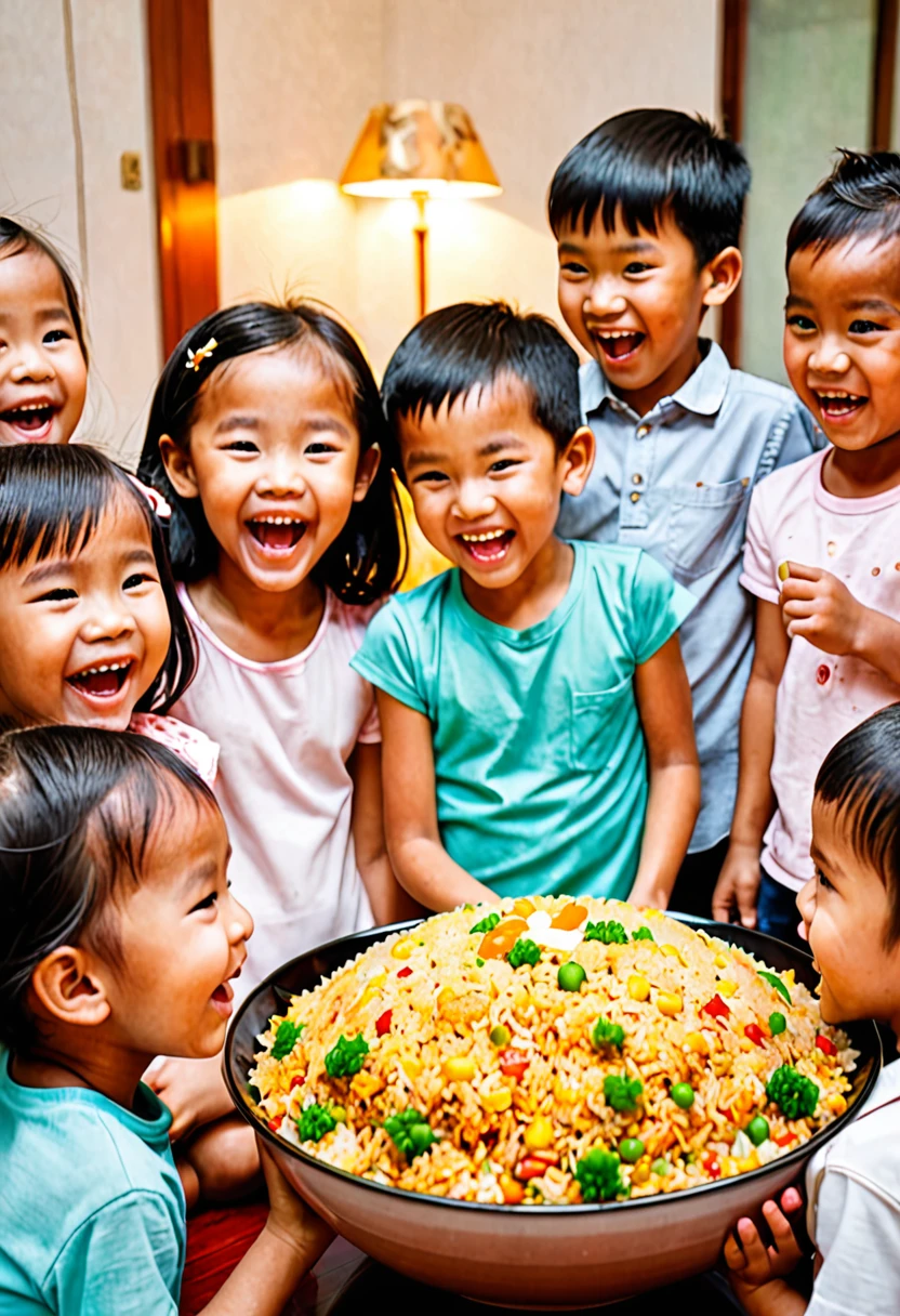 A huge bowl of fried rice the color of light ketchup、Children looking happy