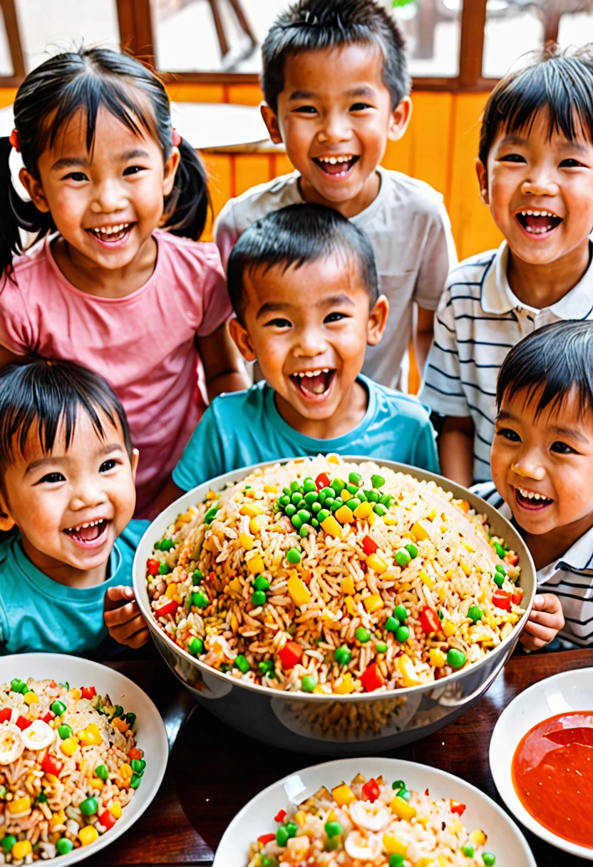 A huge bowl of fried rice the color of light ketchup、Children looking happy