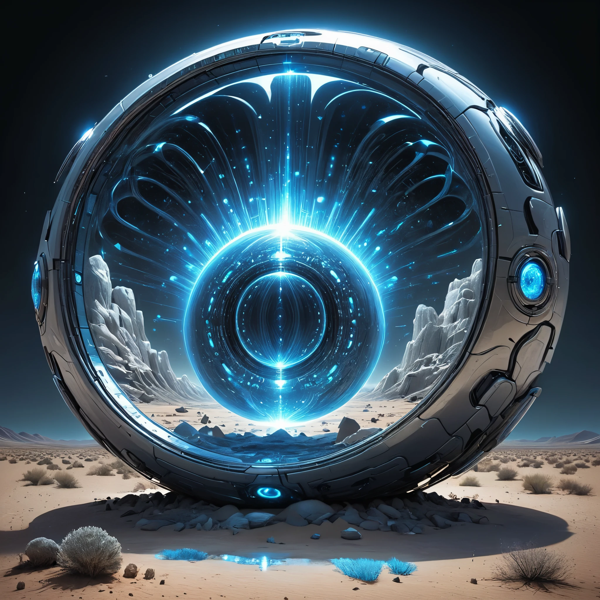 Shiny, polished object art like a mirror suddenly appearing in the desert, abstract, streamlined, futuristic: 1.5, dynamic, (add fantastic futuristic decoration: 1.5), intricate detailed On a blue luminous magic circle.