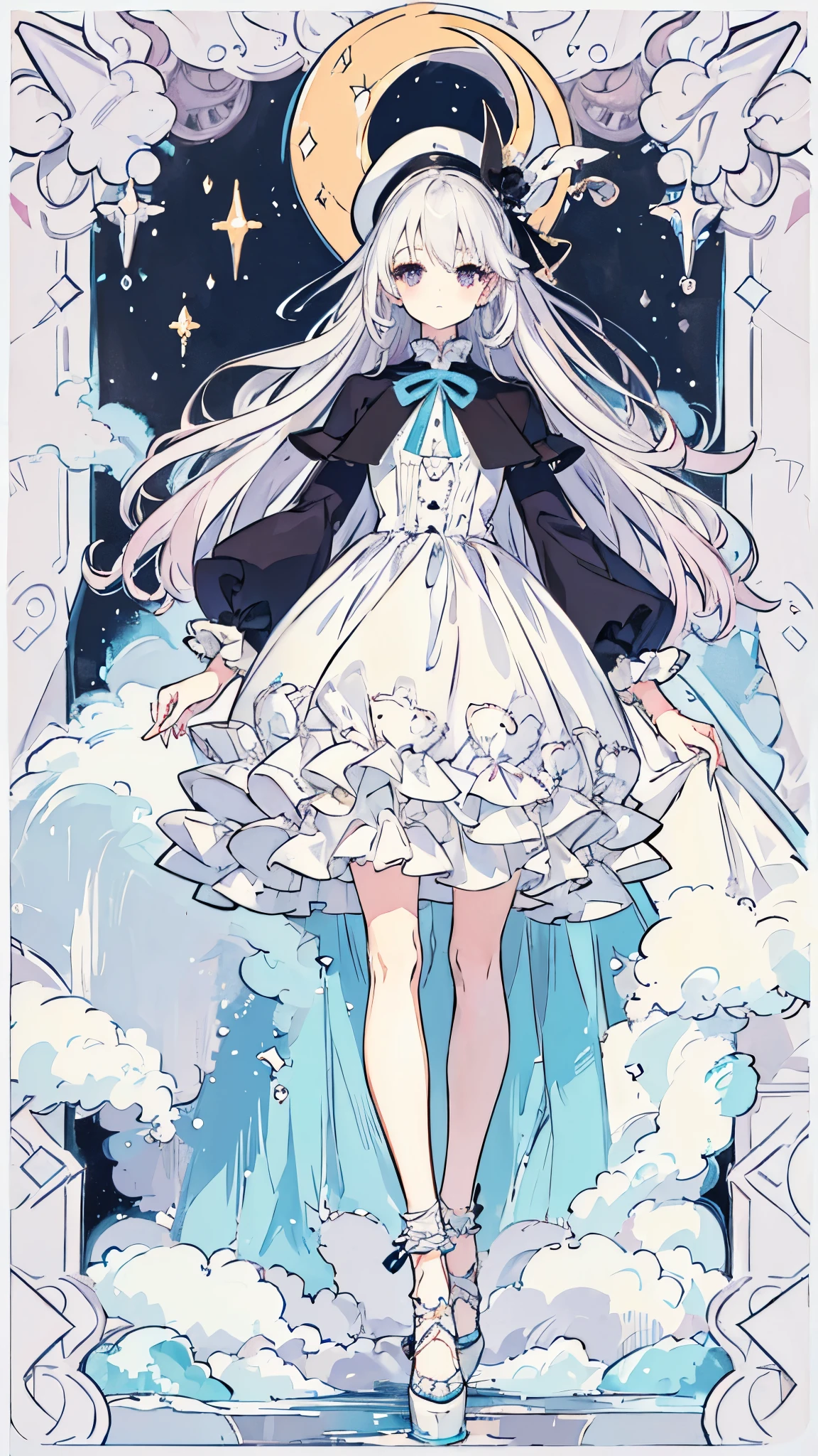 A detailed illustration of a female character with a calm expression, staring straight ahead. The character has long, flowing silver hair. She wears a large, frilly pink hat adorned with a blue ribbon and a yellow crescent moon accessory. Her outfit consists of a layered dress with pastel colors, including light pink, blue, and white, with elaborate, puffy sleeves. The character also wears a black cape with pink and white accents, reflecting a fantasy or magical theme. The character's pose is simple and upright, with both her body and face facing forward, and both arms hanging naturally at her sides as she stands straight. Her expression is serene and composed. The background is simple, allowing the character to stand out.