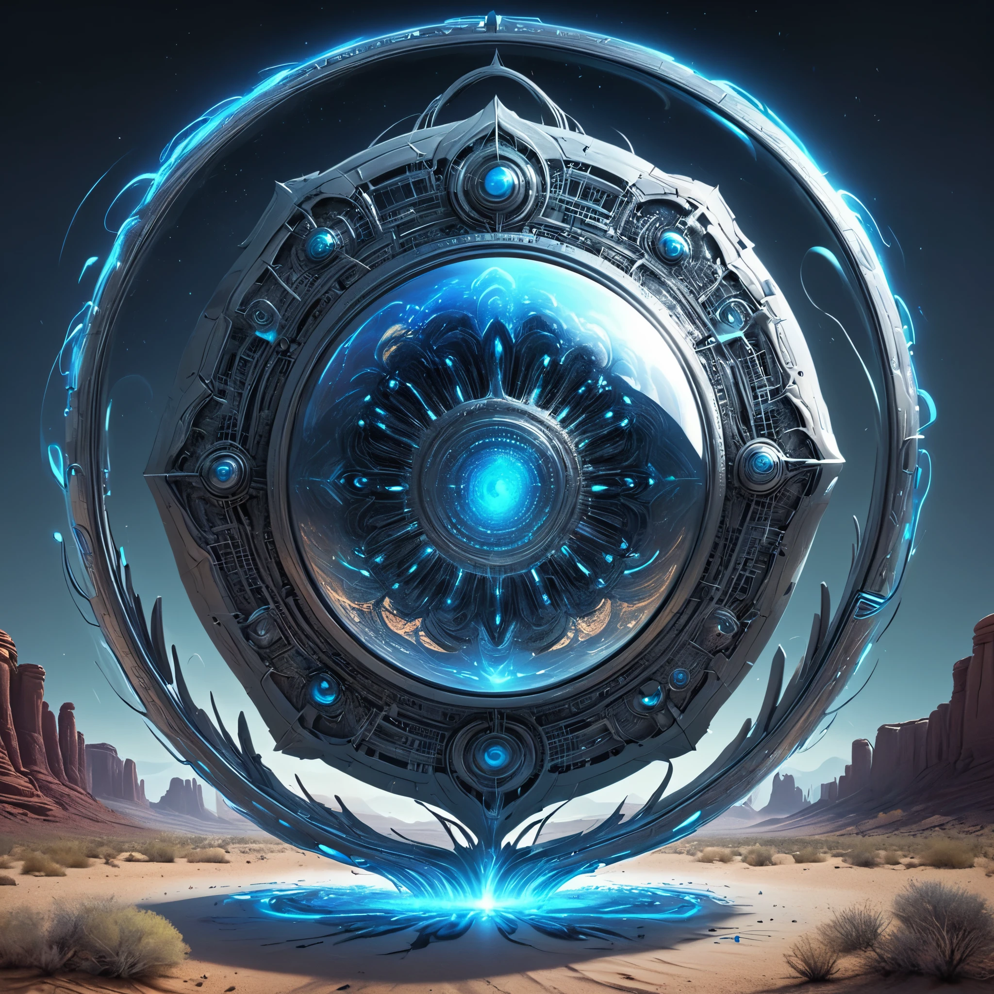 Shiny, polished object art like a mirror suddenly appearing in the desert, abstract, streamlined, futuristic: 1.5, dynamic, (add fantastic futuristic decoration: 1.5), intricate detailed On a blue luminous magic circle.