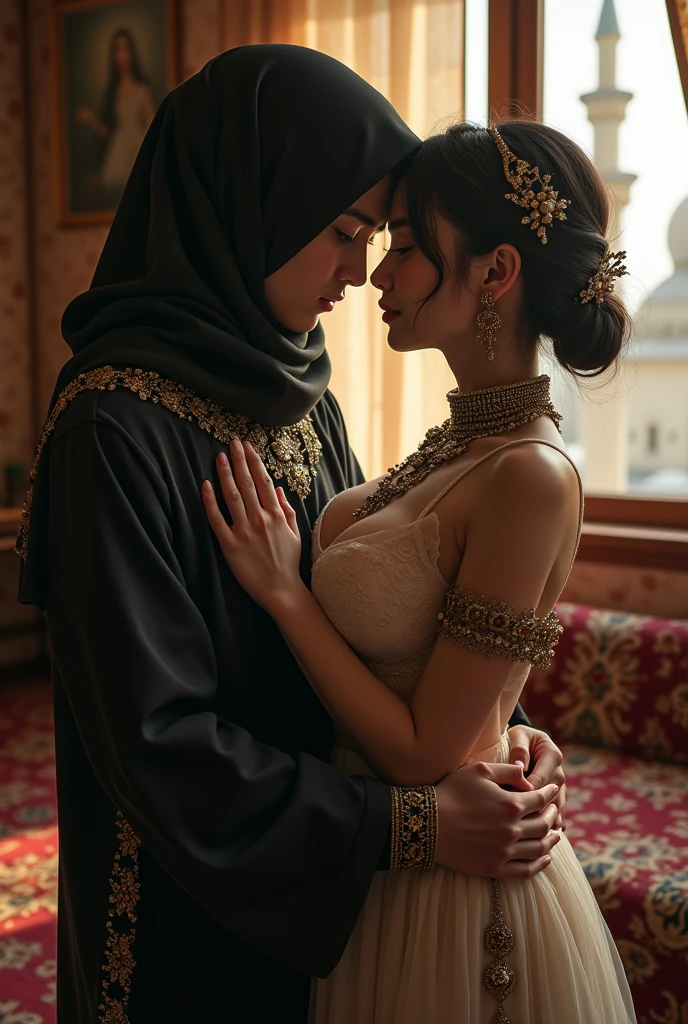 Masterpiece, realistic, best quality, best lighting, 1 pretty girl with angelic face wearing Dark blue satin headscarf and 1 handsome man, ((full bodyshot)), beautifully makeup, eyeshadow, Parted Lips, Detailed Eyes, beautiful big eyes, long eye lashes, smile, loosely tide hijab style, exposed cleavage, very big breast, (seducing, sexy pose), (sexy tribal top and grass_skirt), ((the man naked sitting on the couch, hold her waist from behind, the girl sit on his lap))