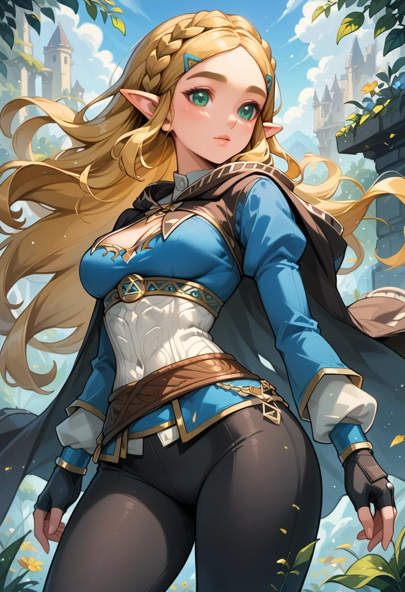 (extremely fine and beautiful:1.1), (perfect details:1.1), (finely detailed eyes and detailed face:1.3), ZeldaSDXL, Princess Zelda, narrow hips, medium breasts, cleavage, slender thighs, small ears, pointy ears, braid, hair ornament, hairclip, gloves, black gloves, fingerless gloves, blue shirt, shirt, long sleeves, crown braid, bangs, green eyes, parted bangs, pants, black pants, blonde hair, long hair, cape, sidelocks, hood, thick eyebrows, jewelry, hooded cape, belt, tight pants, tight, puffy sleeves, (lonely lost path)