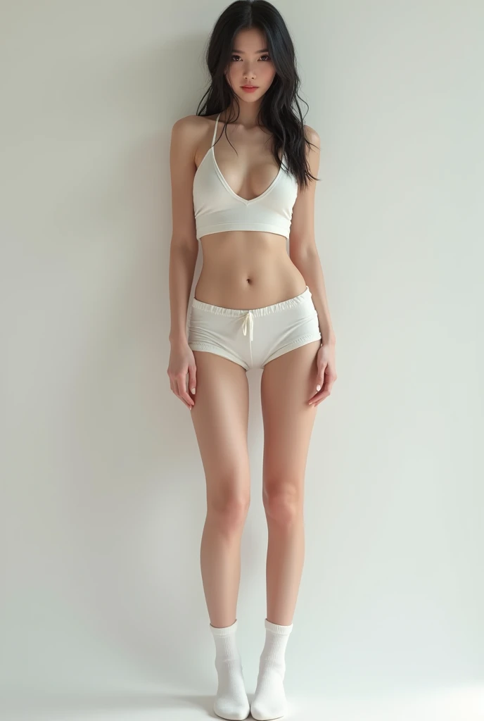 Young sweet beautiful Indonesian girl, 22 years old, slim body, bright beautiful big eyes, mole under her eyes, medium size breasts, georgeus face, curvy butt, slim thighs, shoulder long wavy hairs, wearing white thin tank top shirt, wearing white very thin  legging, pink lace g-string panty, wearing black sport shoes, no bra, realistic, very detail, siting relax on Bogor street, from head to toe are visible,  cute smiling,