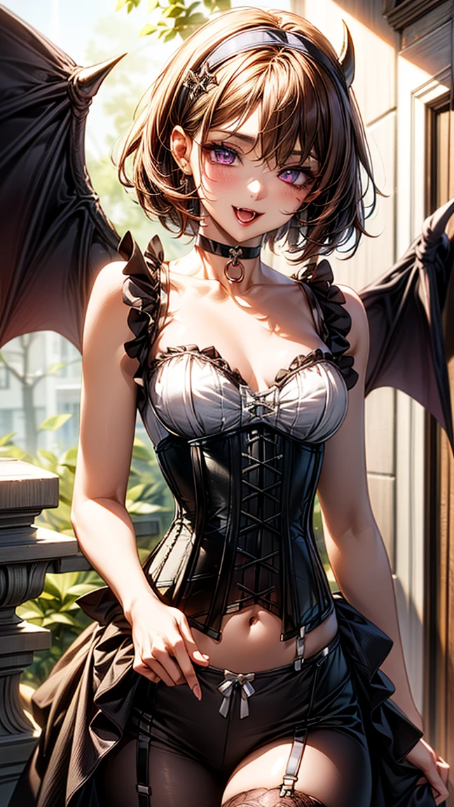 ((black short bob:1.8, red headband:1.4, eye shadow)), (shining purple eyes)beautiful, beautiful woman, perfect anatomy, perfect body, perfect breasts, ((devil with wings spread:1.8, black clothes, white corset, choker:1.6)), forest:1.6, captivating gaze, slight smile, realism, masterpiece, rough skin , Super detailed, high detail, high quality, 最high quality, 1080p, 16k