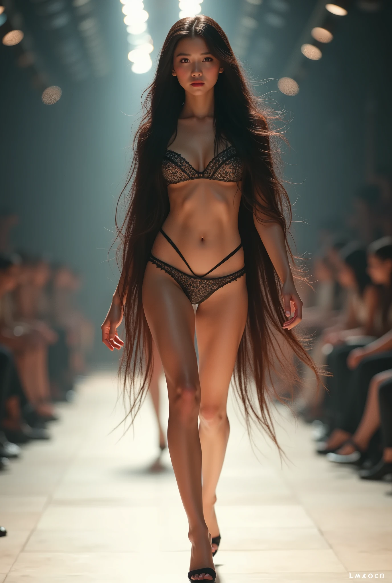 One girl, High resolution, high quality, Textured skin, Ultra high definition, Very detailed, 最high quality, 3D Rendering, realism, Surrealism, Heavy makeup、Big eyes、Long eyelashes、High nose、Beauty、Clear eyes and nose、Asian、Captivating body、Full body description、Full body、Long-distance photo、Overall image、Long Hair、Woman Walking Down The Runway
