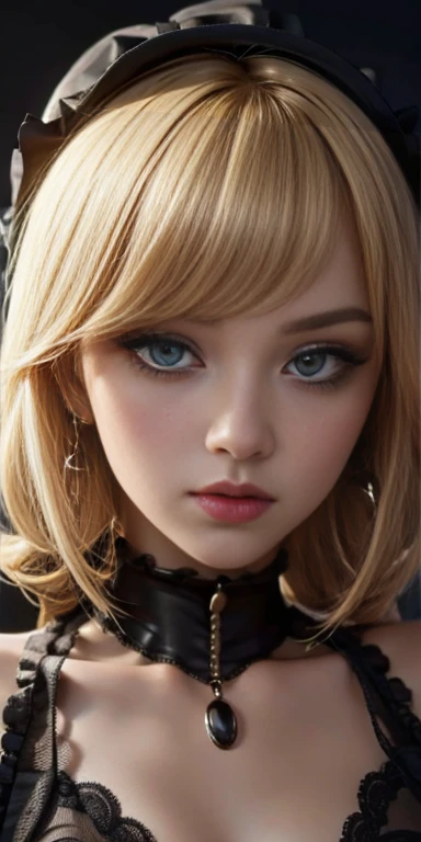 foreground , blonde girl, extraordinary beauty and very detailed, eyes and eyeliner, gothic makeup full lips,single face high resolution image 12k 1 levels.2 high resolution 