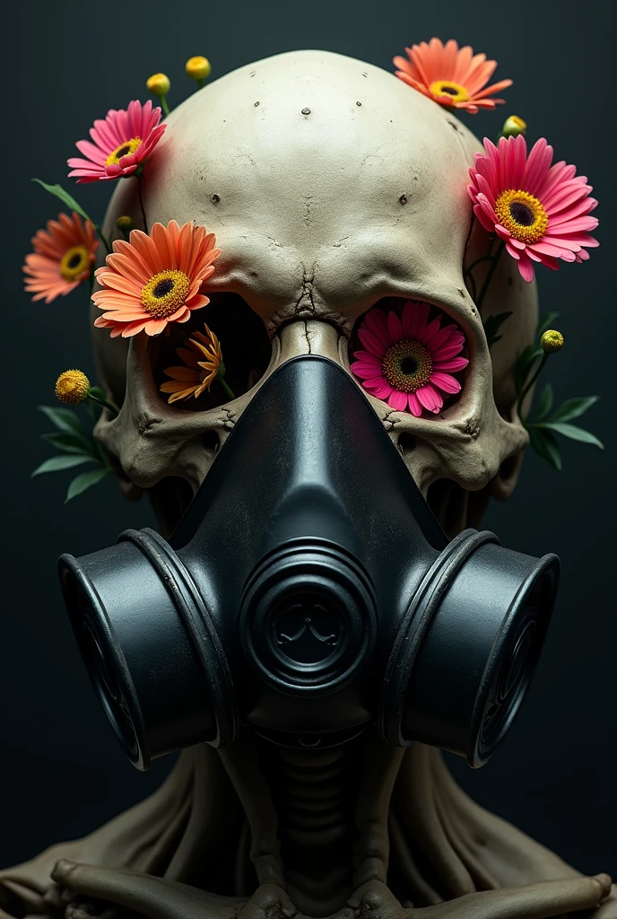 a skull of a dead human being wearing a black gas mask with flowers coming out of its dead and lifeless eyes and dark background