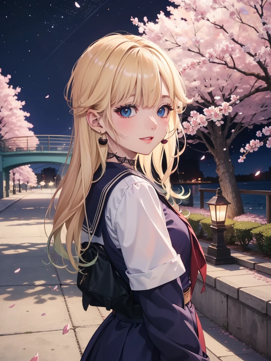 overview: A beautiful anime style illustration featuring a blonde female character standing against a background of cherry blossoms at night。
Main subject: The female character has long blonde hair.、Hair clip on the side。Her big blue eyes are distinctive、Posing with a slight glance back。She is wearing a sailor-style outfit、They wear mesh gloves on their sleeves and arms.。The black cherry-shaped earrings and lace choker are striking.。
Additional elements: In the background, cherry blossom trees in full bloom stand out against the night sky.、Cherry blossom petals fluttering in the wind。In the background you can see a bridge and waterfront.、The city lights are softly illuminating。
Technical details: Image in anime style、A soft light falls on the person&#39;s face。The camera angle was taken from behind at an angle.、It highlights the character&#39;s profile.。The night view in the background is very detailed.、It enhances the elegant atmosphere。
Visual impression: Her light blonde hair and blue eyes are highlighted.、It depicts a warm and quiet night scene.。The female characters are attractive、Romantic and elegant atmosphere。
Overall mood and feeling: By cherry blossoms and night view、It expresses a calm and beautiful spring night.、The character&#39;s expression is smiling.、It conveys gentleness and calm emotions.。