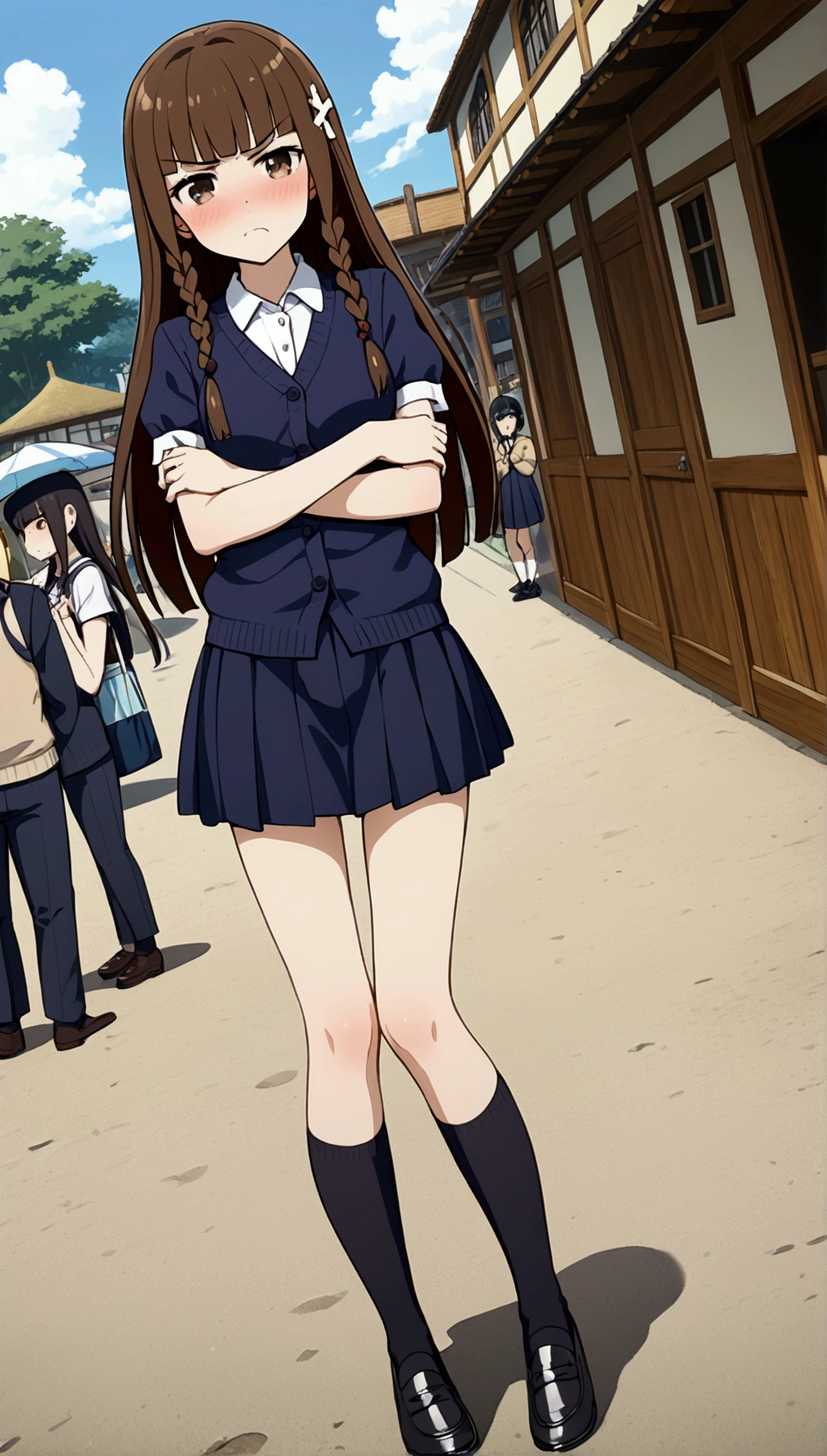 5 girls in grey school uniform with a belt, ecchi anime style, detailed full body, thigh-high socks, micro mini skirt, (white panties:1.2), sailor collar