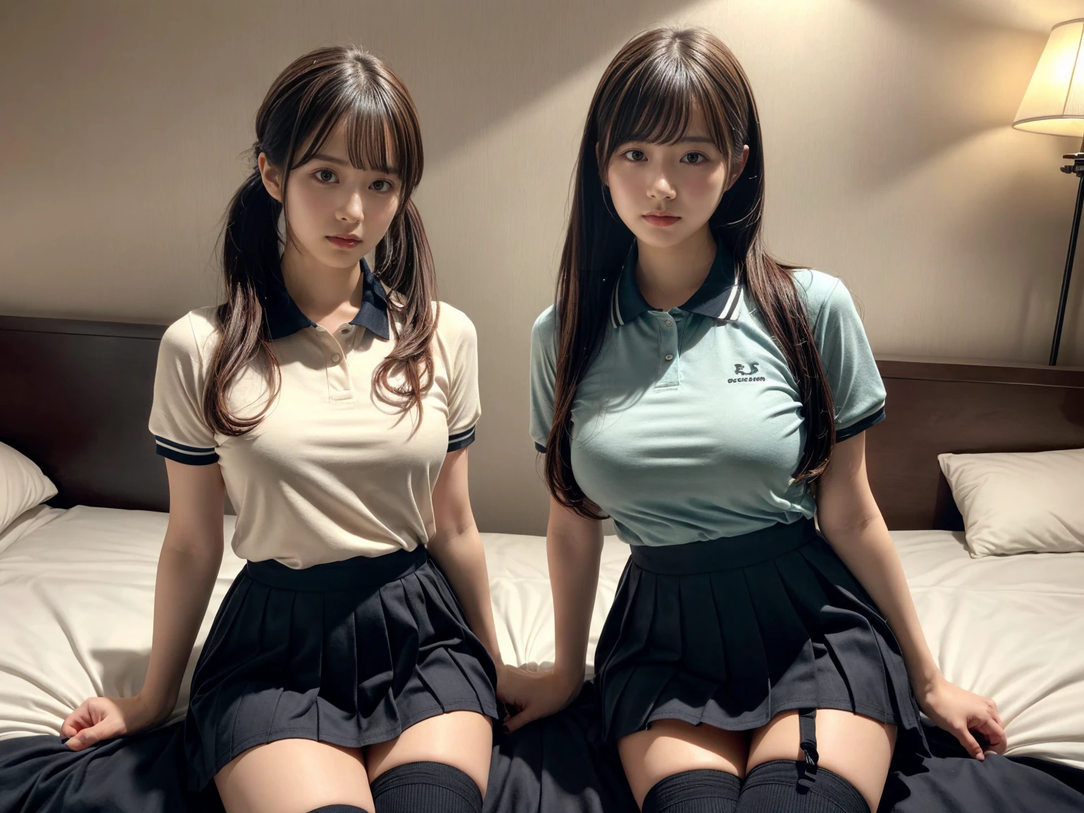 masterpiece, best quality, illustration, Super detailed, fine details, High resolution, 8K,wall paper, perfect dynamic composition,(Details High quality, realistic depiction of eyes:1.3), (2 girls), A tight polo shirt that expresses the roundness and softness of your chest., pleated mini skirt, sitting, open legs, short bob hair, in a hotel room in the background, deep on field, large breasts, black hair color, Big Natural Color Lip, (perfect body shape), crying a little、Harajuku style、20 year old girl、cute type、beautiful legs, Gravure Idol