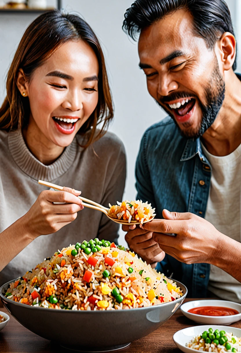 A huge bowl of fried rice the color of light ketchup、Man eating happily、The woman watching it with a blank look on her face、