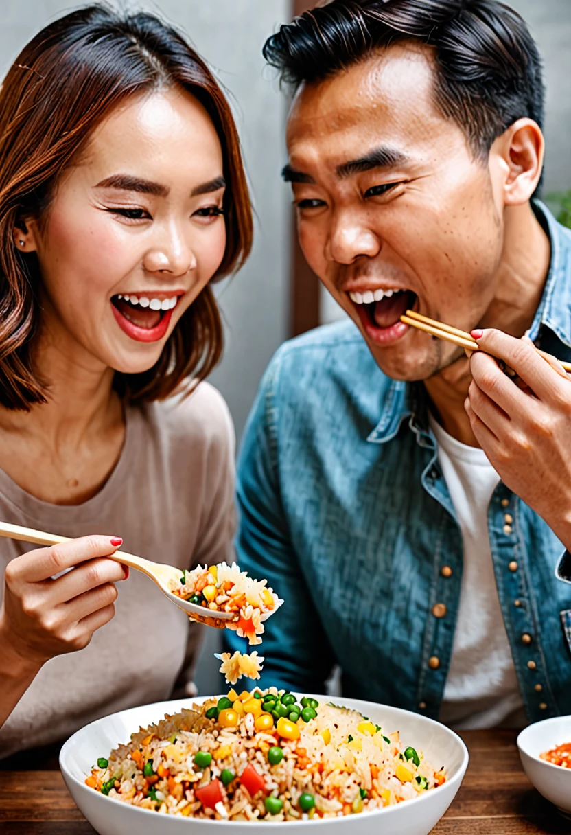 A huge bowl of fried rice the color of light ketchup、Man eating happily、The woman watching it with a blank look on her face、