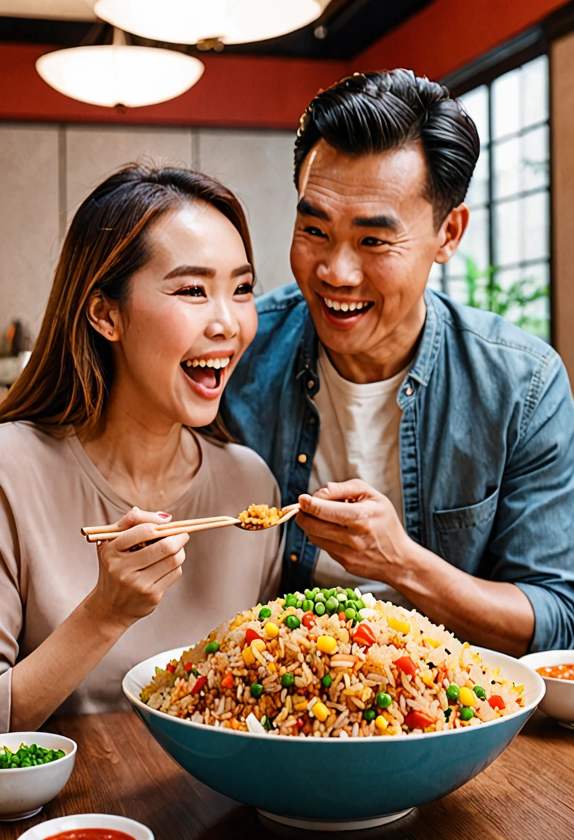 A huge bowl of fried rice the color of light ketchup、Man eating happily、The woman watching it with a blank look on her face、