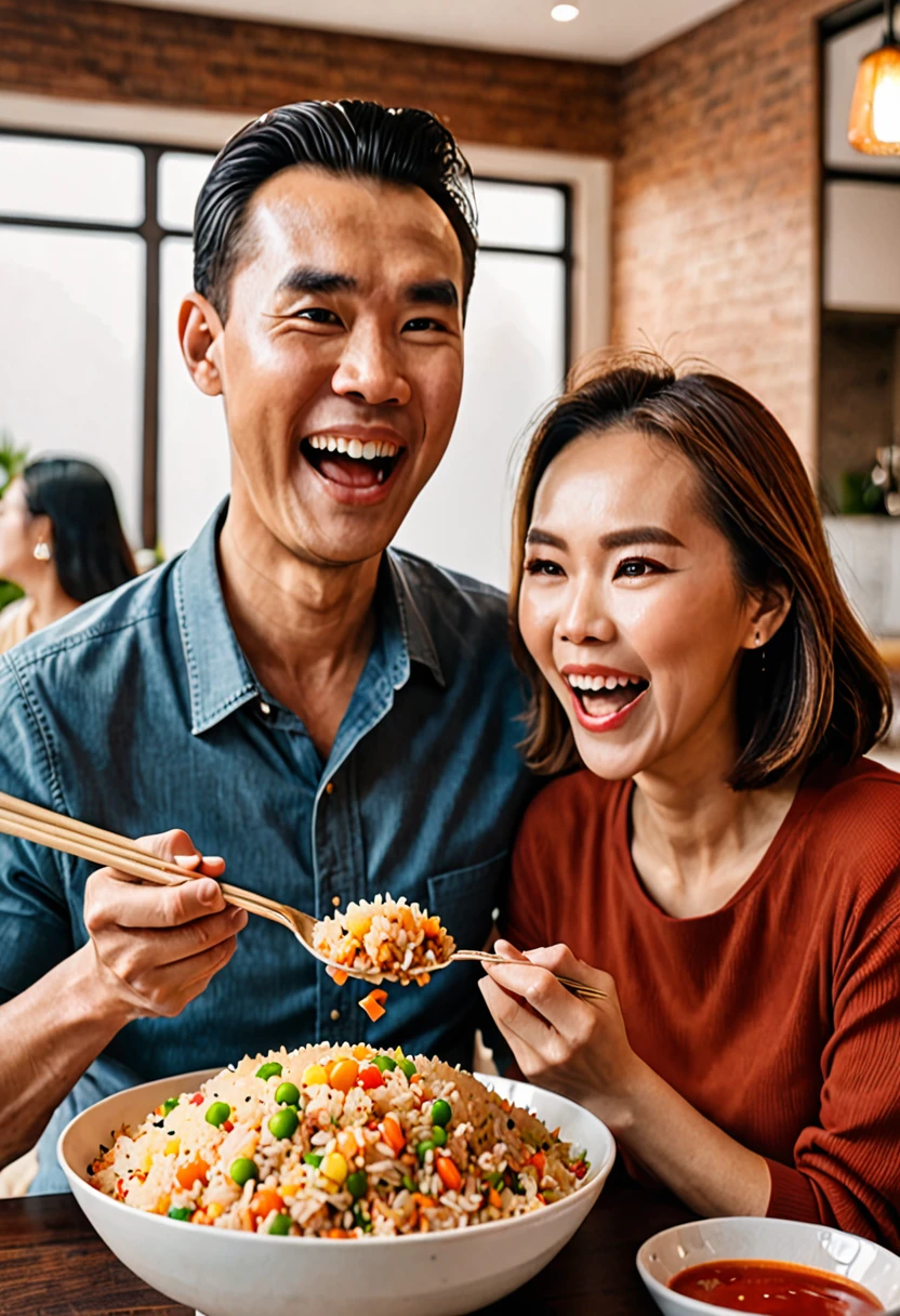 A huge bowl of fried rice the color of light ketchup、Man eating happily、The woman watching it with a blank look on her face、