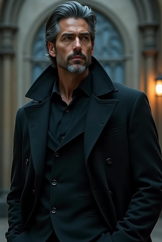 Man in all black、Black Shirt、Frock coat、Ragged head、Sharp Eyes、Stubble、No tie、Old Town