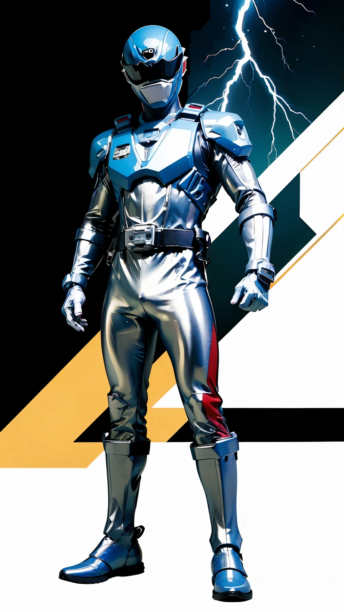 1boy, full body, Illustration, cinematic light, high resolution, best quality, ultra-detailed, masterpiece, power suit, powerranger, suit, spd, gold detail, ((silver suit)), thunder particle, lightning,  ((ninja inspired pose))